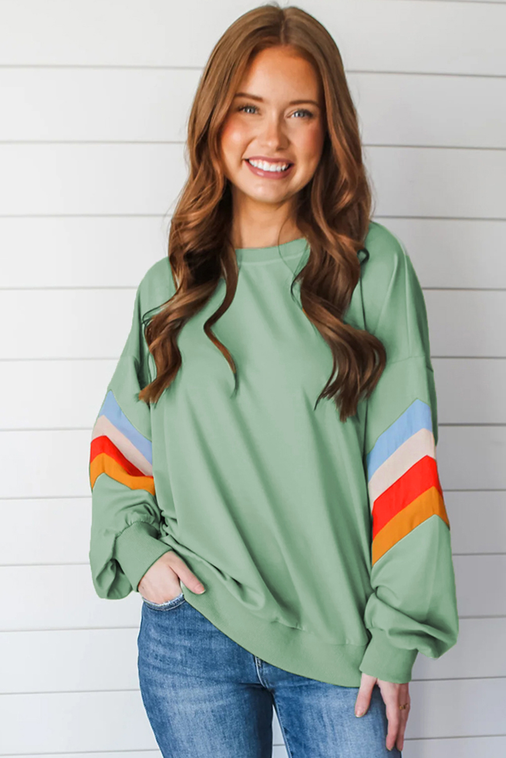 Moonlight Jade Rainbow Striped Sleeve Crew Neck Loose Sweatshirt - loveforevers