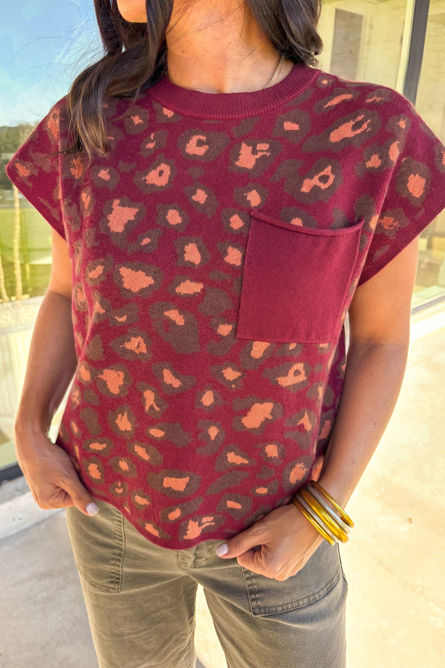 Red Leopard Print Cap Sleeve Knitted Top - loveforevers