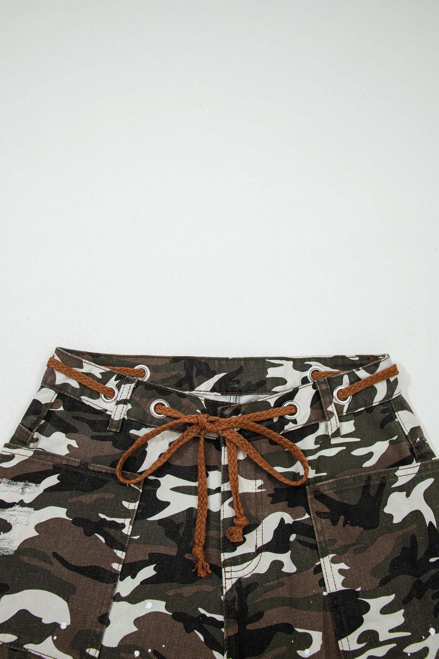Green Camouflage Print Splashed Distressed Loose Denim Pants - loveforevers