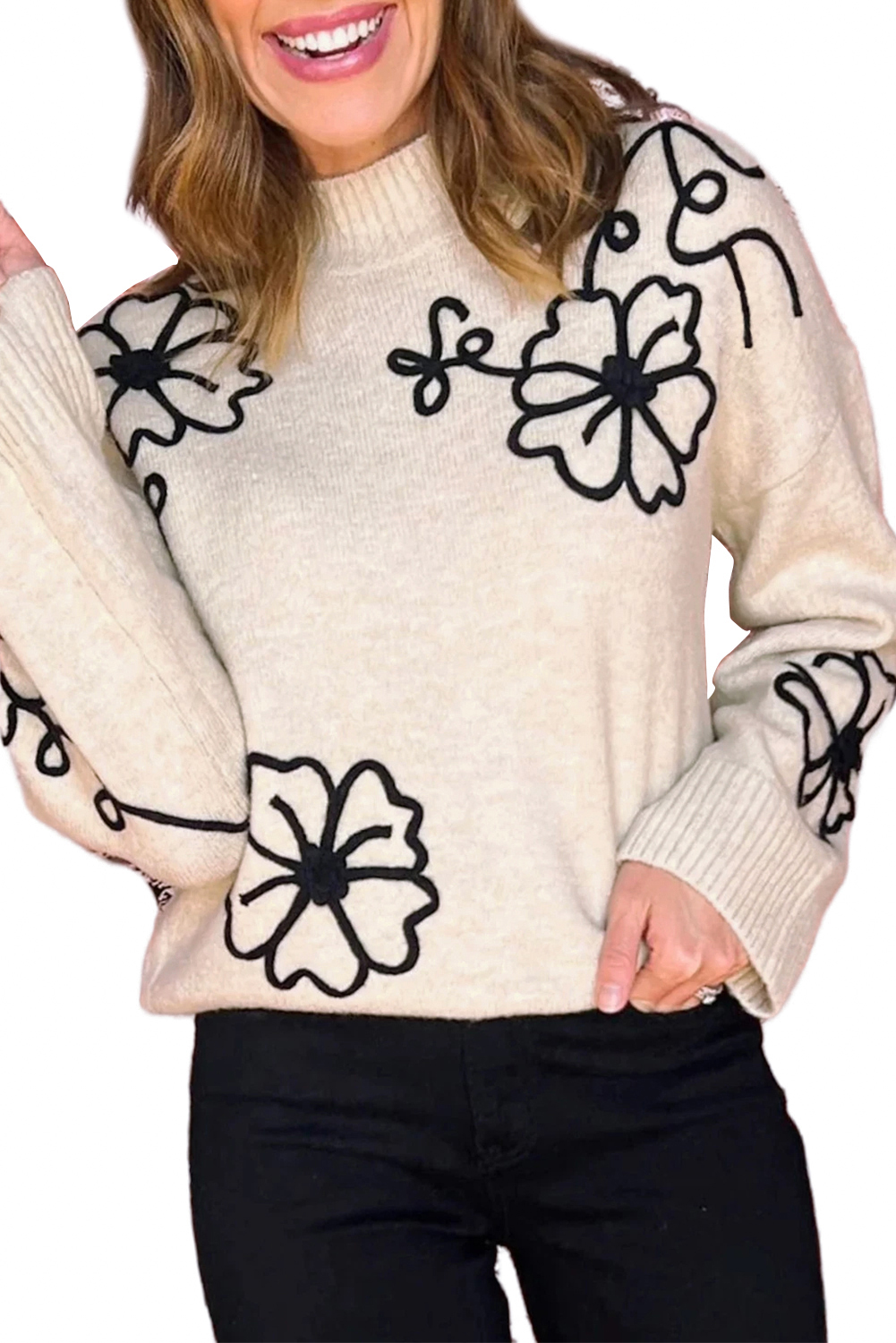 Beige Flower Stitching Mock Neck Sweater - loveforevers