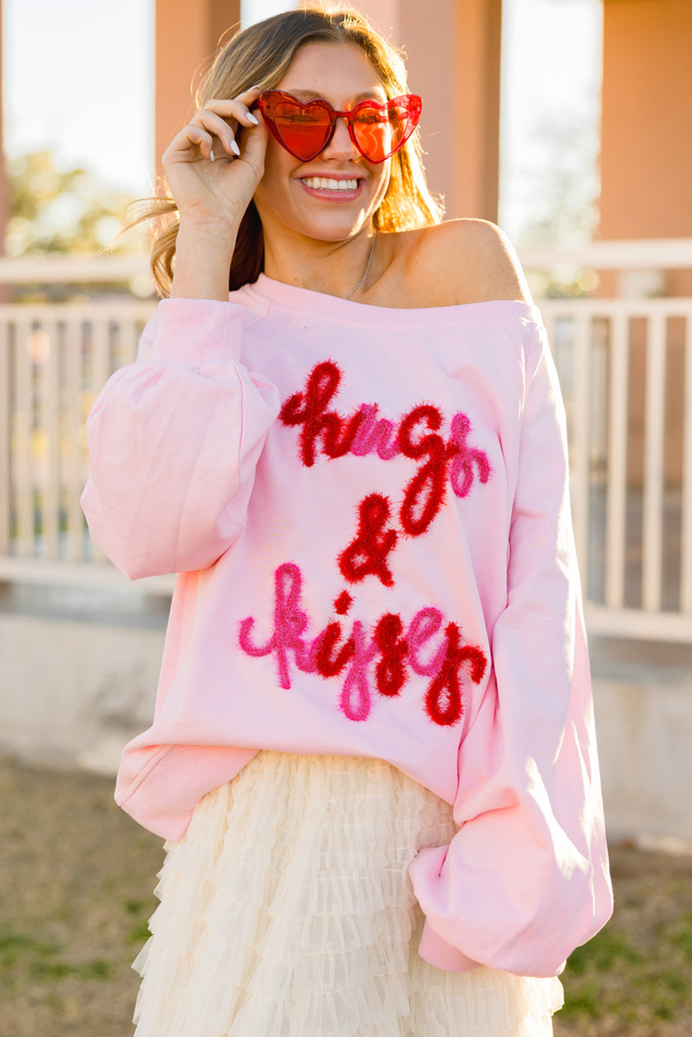 Pink Hugs and Kisses Pop Up Embroidered Raglan Sleeve Sweatshirt - loveforevers