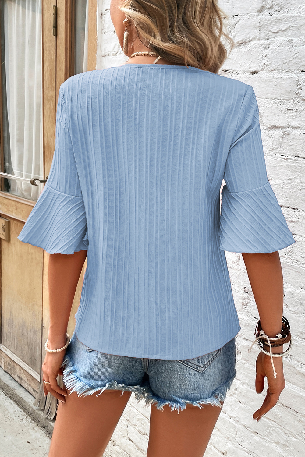 Beau Blue Ruffled Half Sleeve V Neck Textured Top - loveforevers