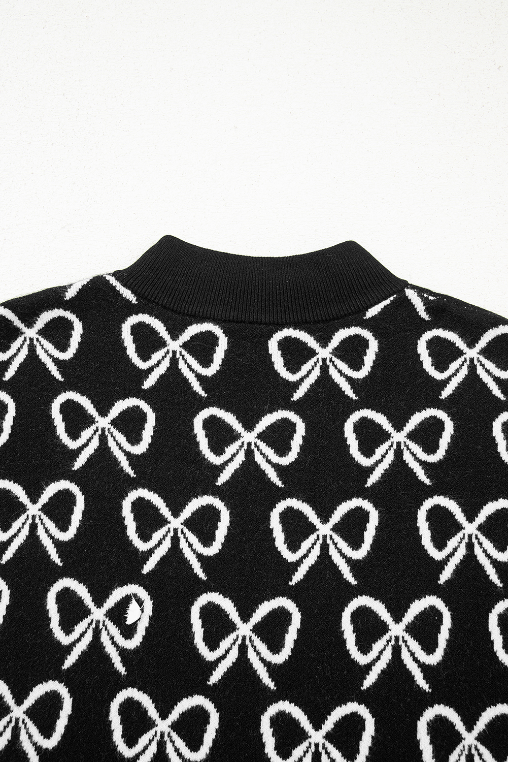 Black Cute Bow Pattern Drop Shoulder Zipped Collar Sweater - loveforevers