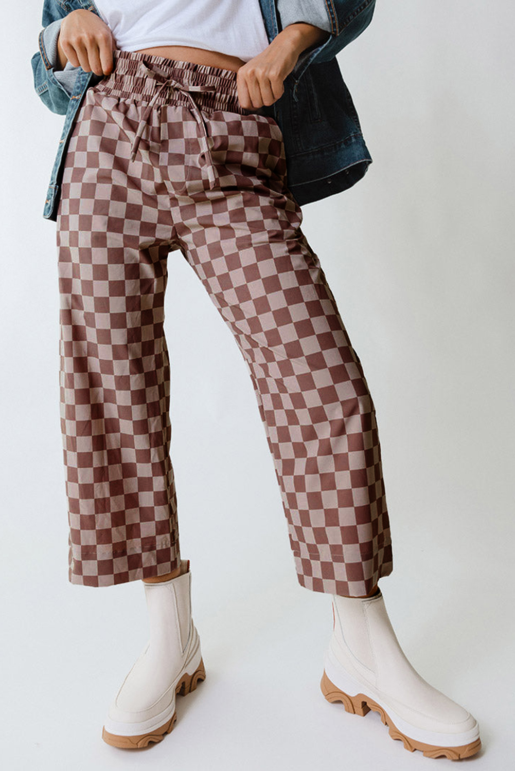 Khaki Checkered Elastic High Waist Loose Casual Pants - loveforevers