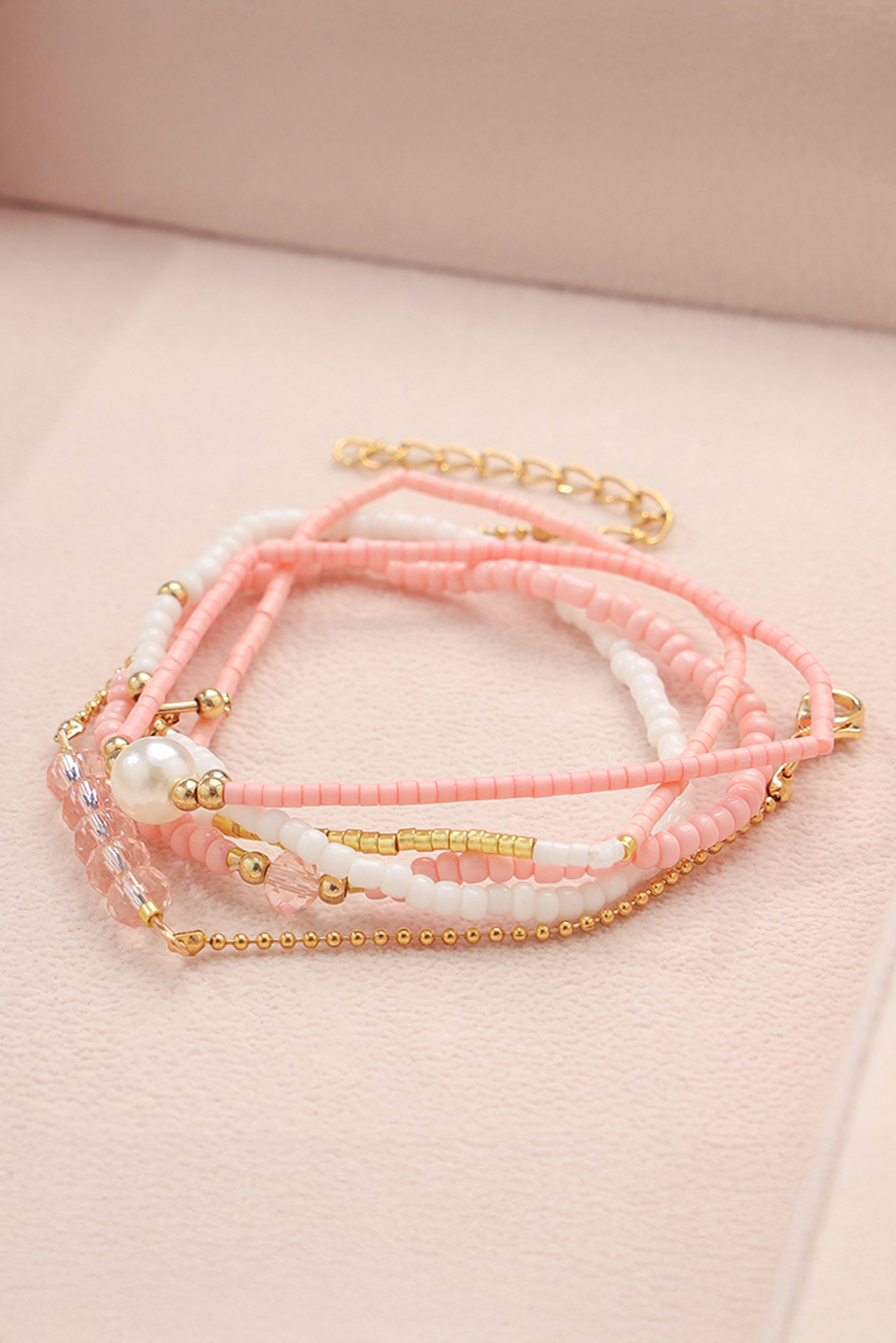Pink Pearl Crystal Bead Detail 5pcs Elastic Bracelet Set - loveforevers
