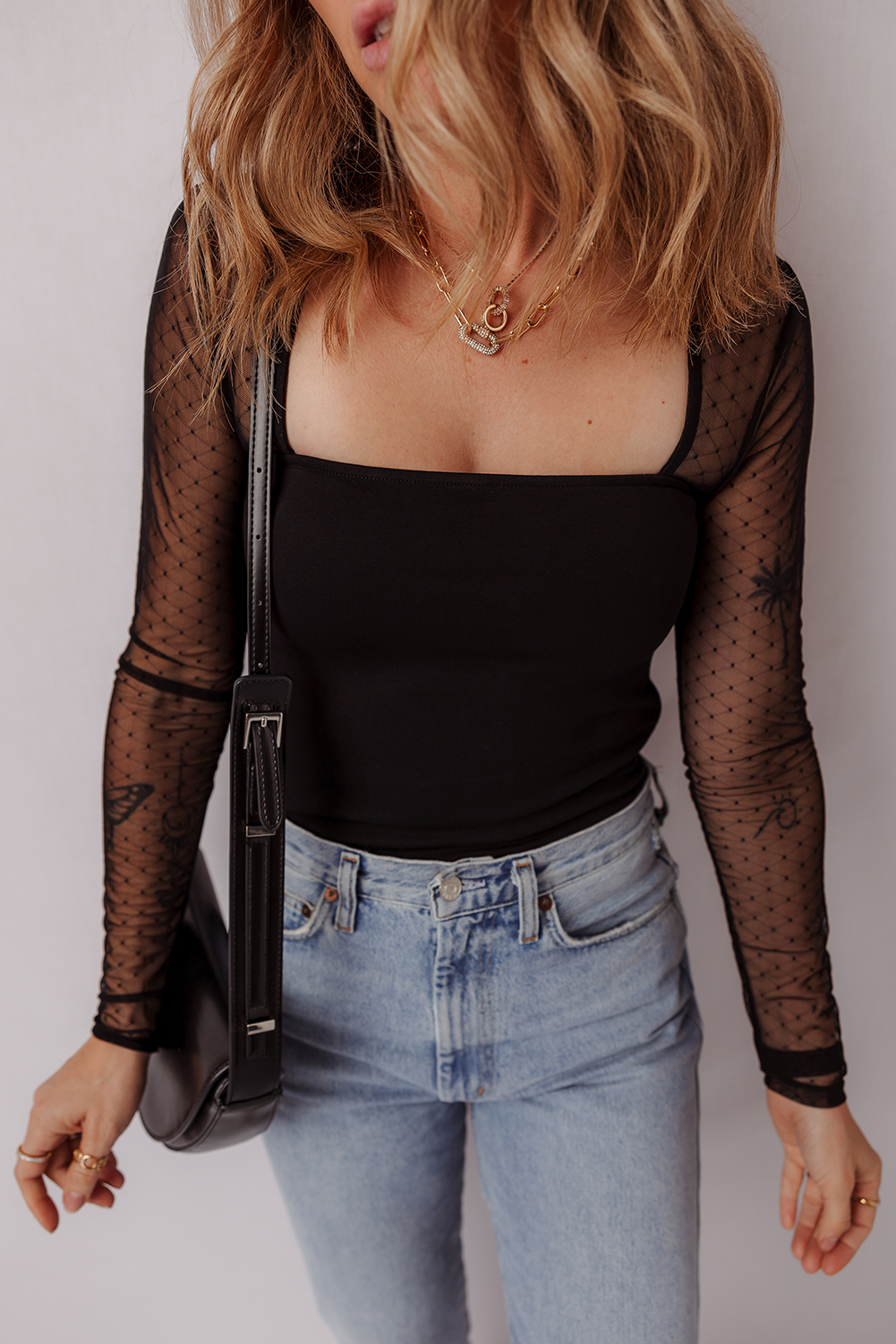 Black Polka Dot Mesh Long Sleeve Square Neck Bodysuit - loveforevers