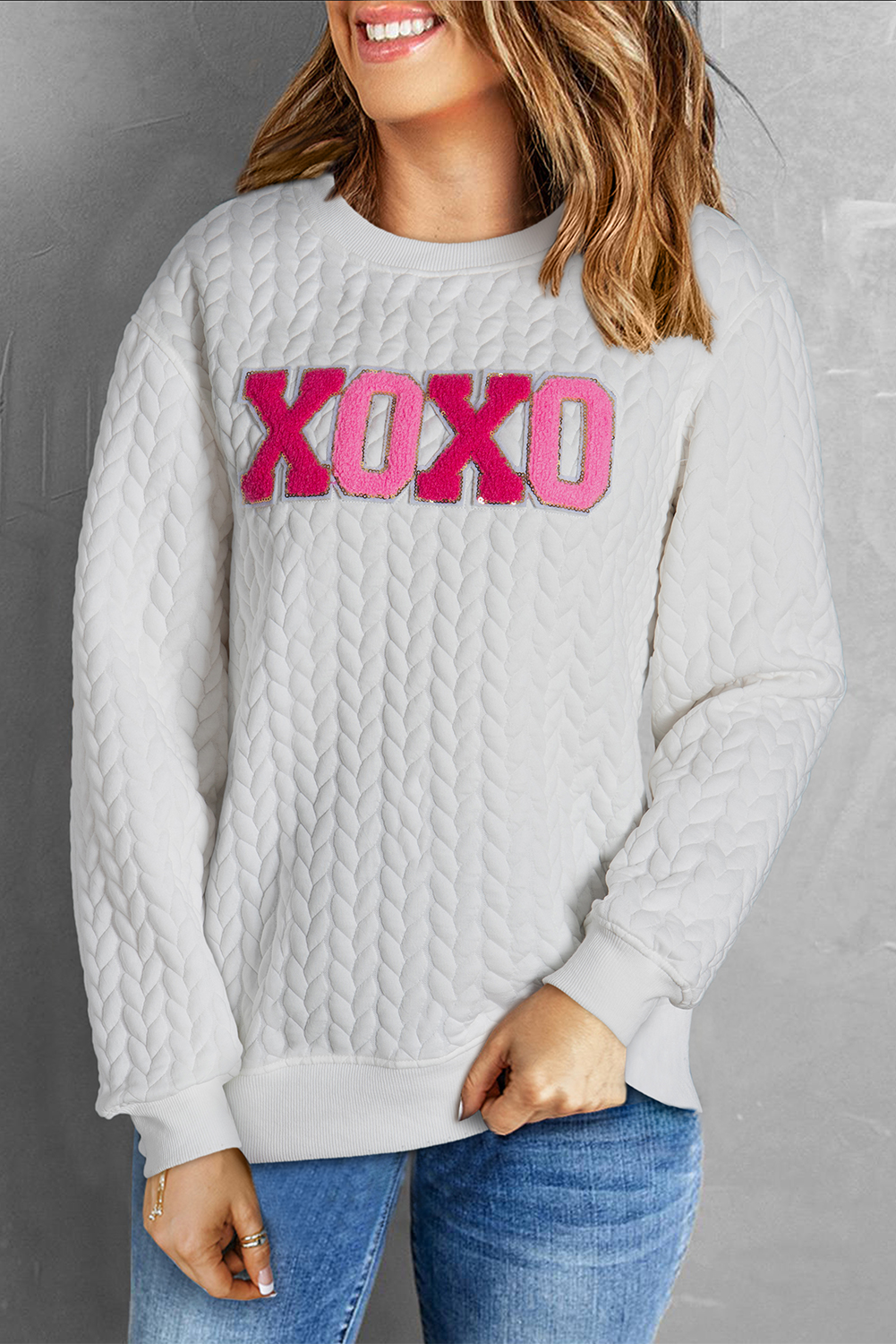 White LOVE Chenille Embroidered Cable Knit Pullover Sweatshirt - loveforevers