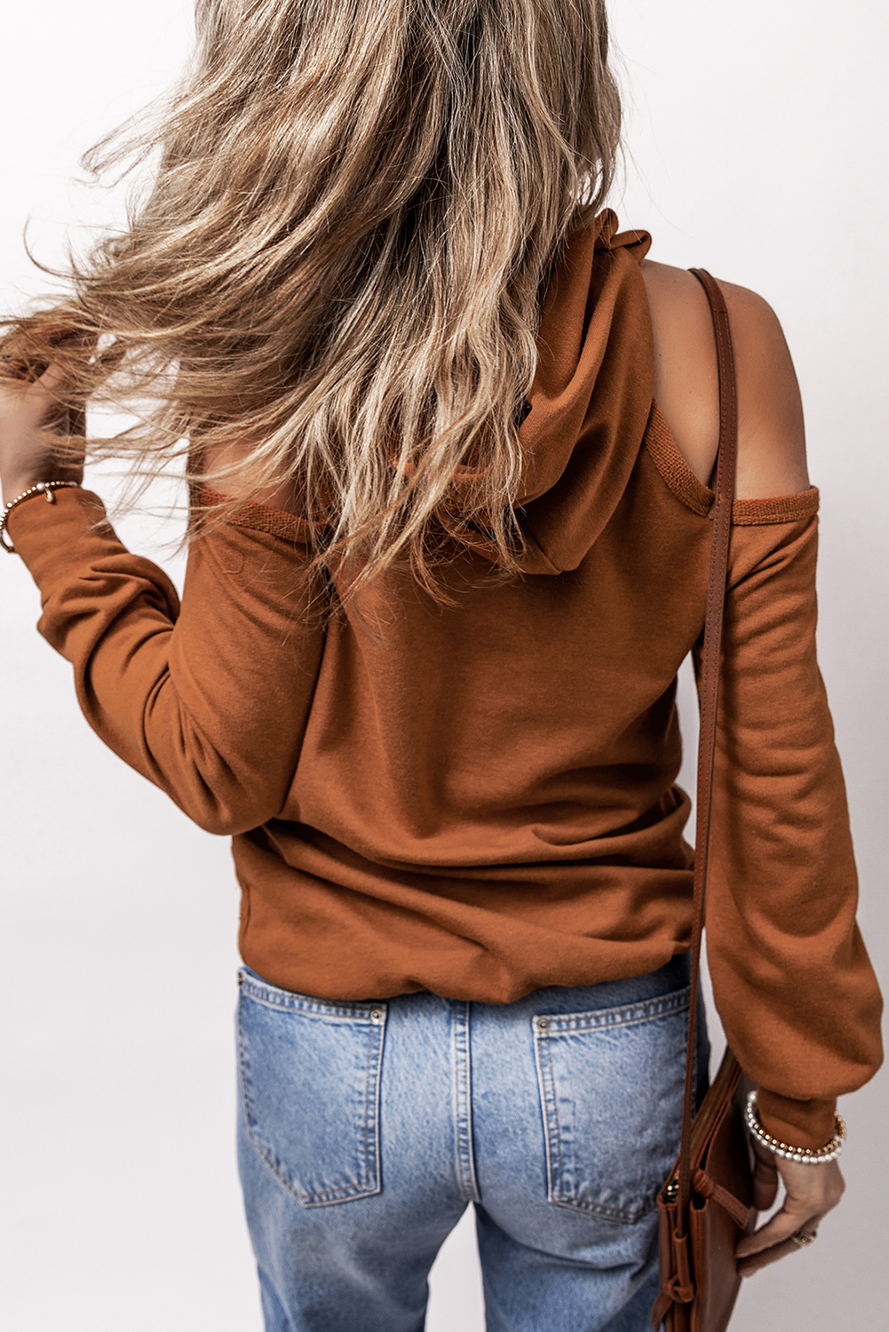 Cinnamon Exposed Seam Cold Shoulder Drawstring Hoodie - loveforevers