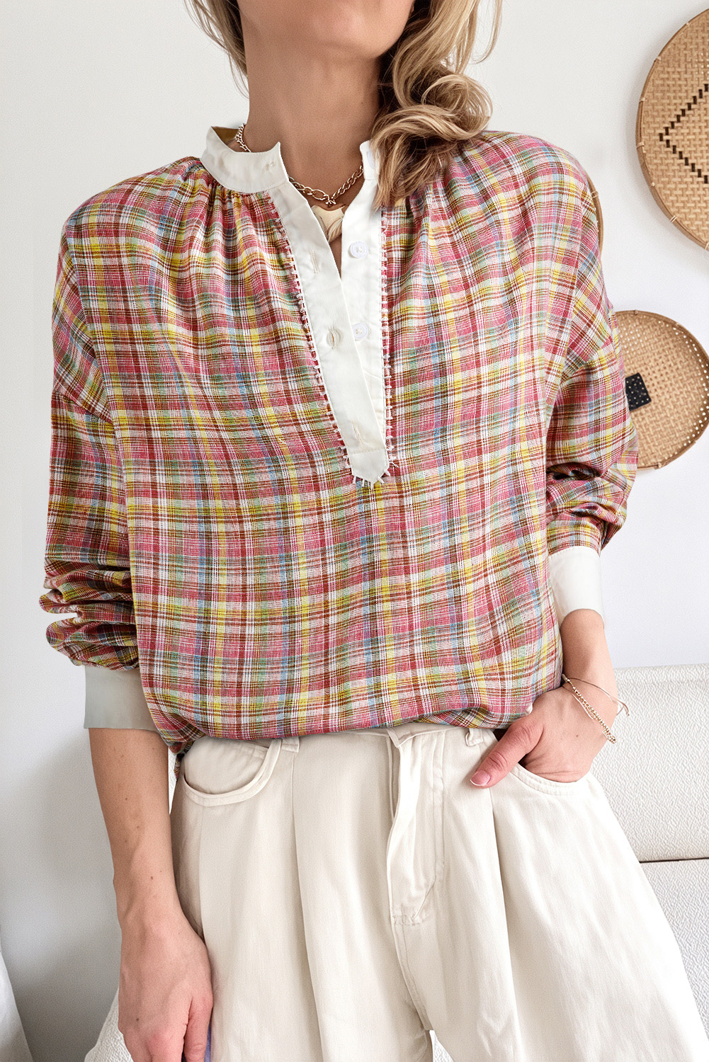 Pink Colorblock Plaid Patchwork Henley Blouse - loveforevers
