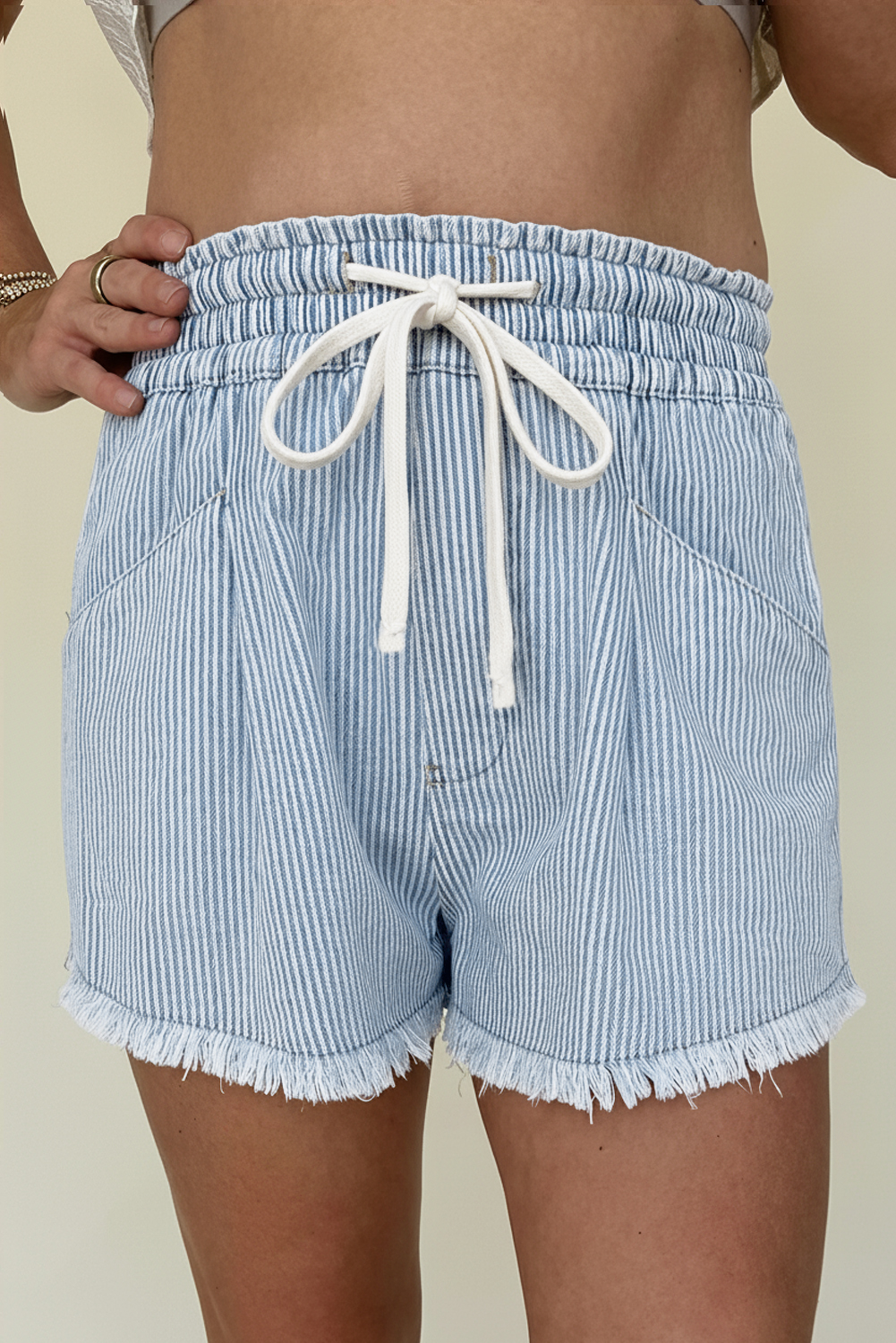 Sky Blue Stripe Raw Edge Drawstring Elastic Waist Casual Denim Shorts - loveforevers
