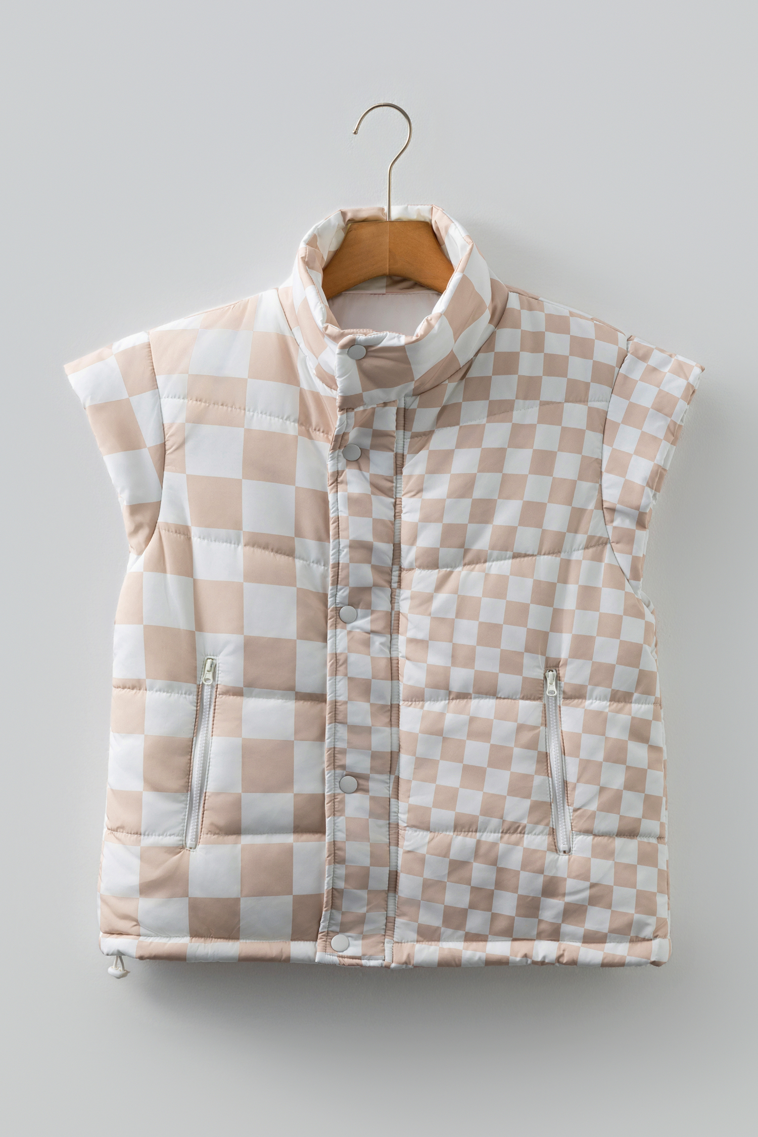 Khaki Contrast Plaid Quilted Button Zip Up Vest - loveforevers