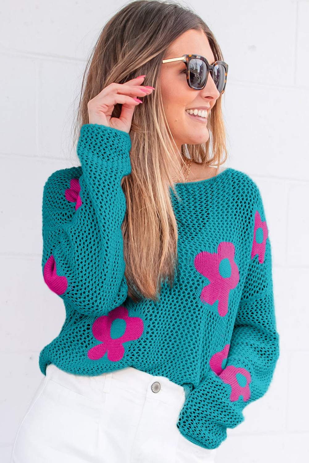 Light Pink Big Flower Hollowed Knit Drop Shoulder Sweater - loveforevers
