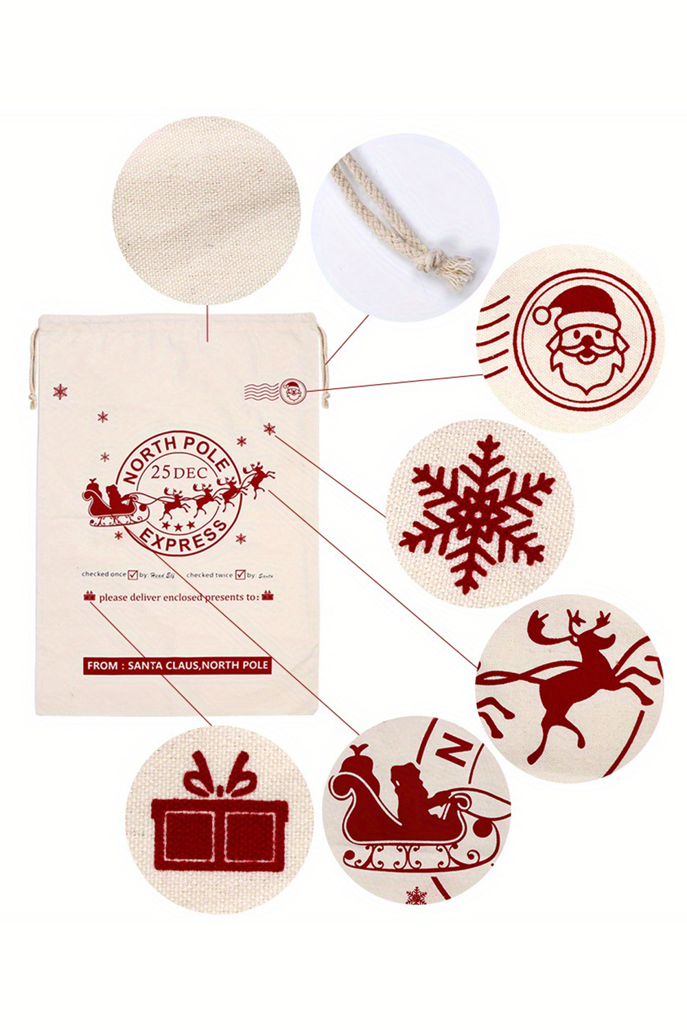White Christmas Santa Claus Elk Letter Print Drawstring Gift Sack Bag - loveforevers
