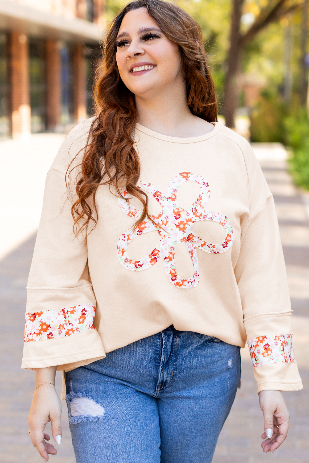 Beige Flower Patch Graphic Exposed Seam Wide Sleeve Top - loveforevers