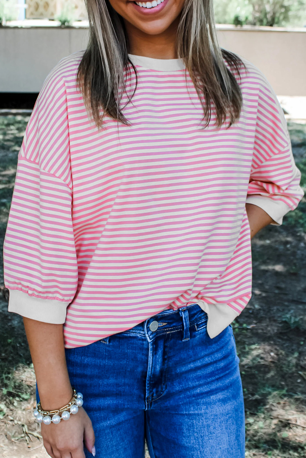 Pink Striped 3/4 Sleeve Drop Shoulder Top - loveforevers