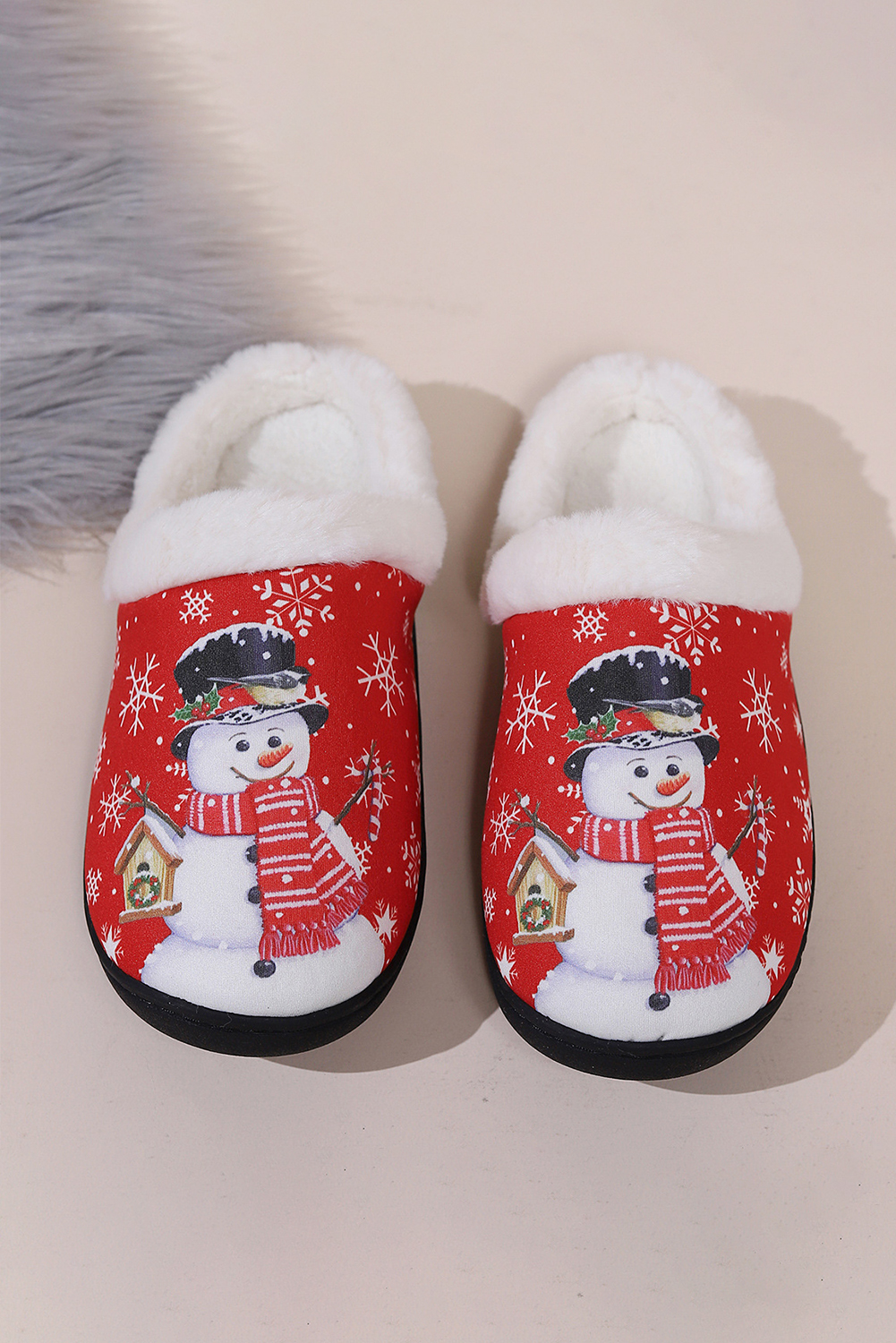 Fiery Red Christmas Snowman Print Plush Home Slippers - loveforevers