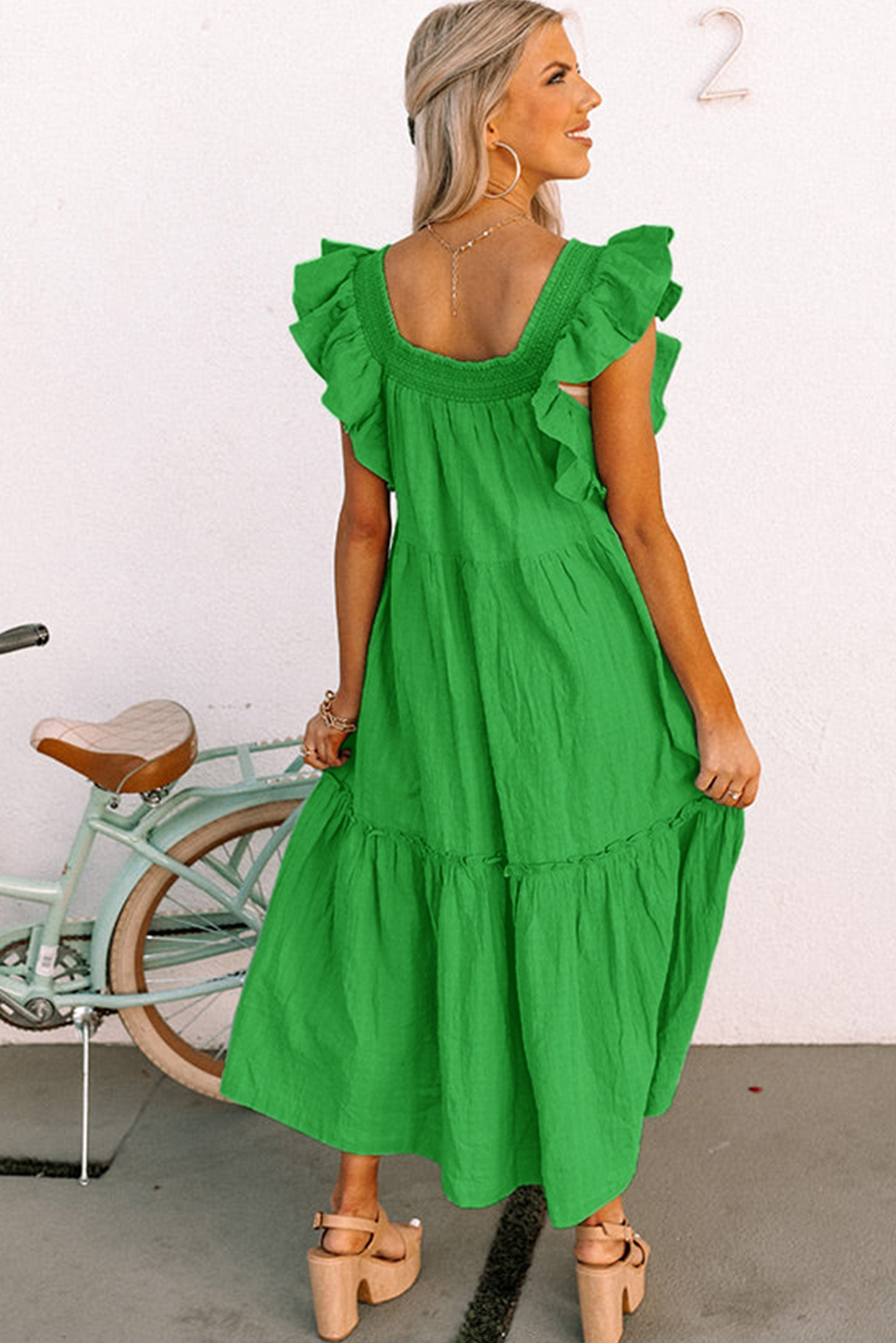 Sky Blue Ruffled Flutter Sleeve Square Neck Textured Tiered Maxi Dress - loveforevers