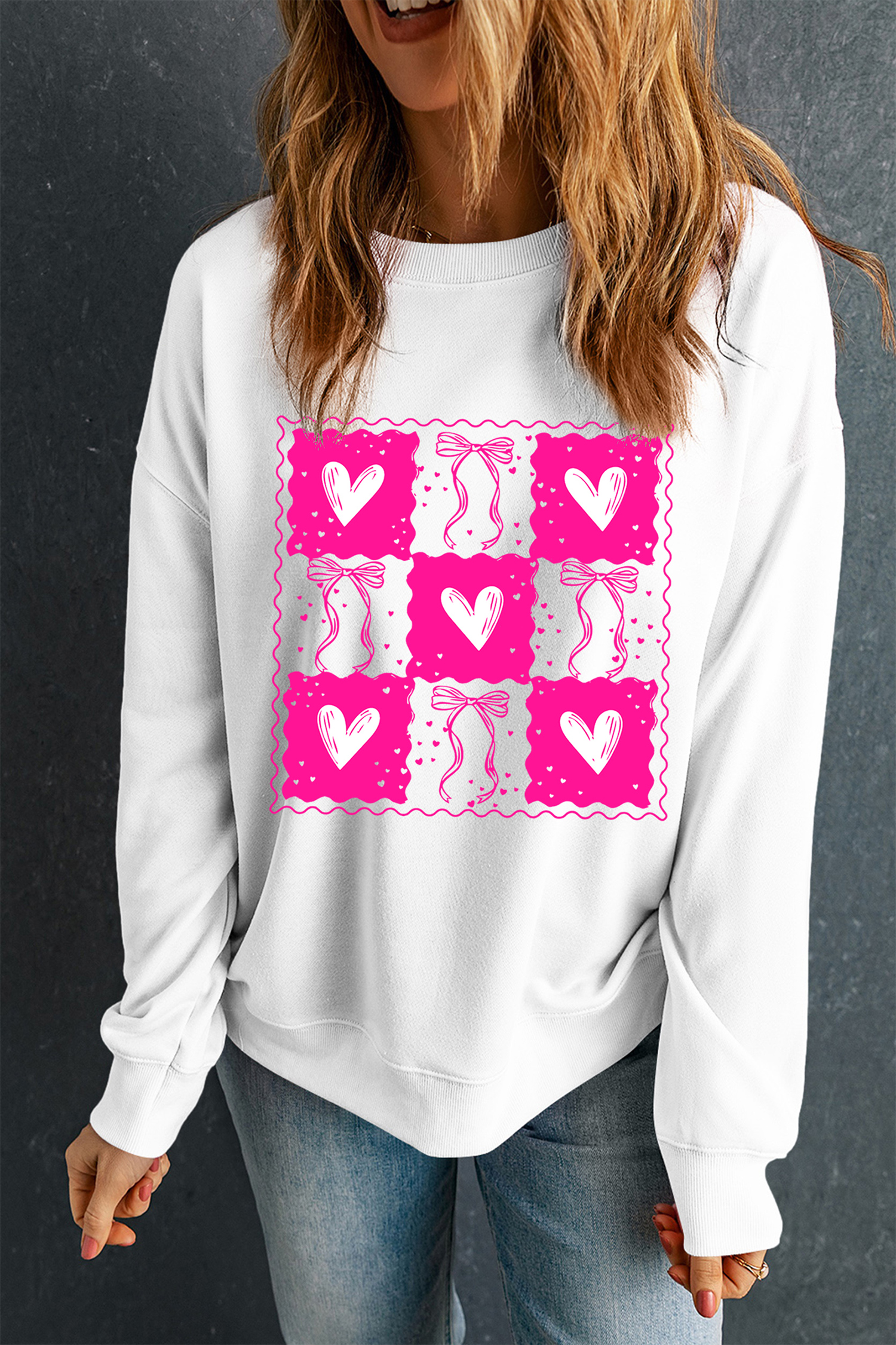 White Valentines Bow Heart Checkered Print Pullover Sweatshirt - loveforevers