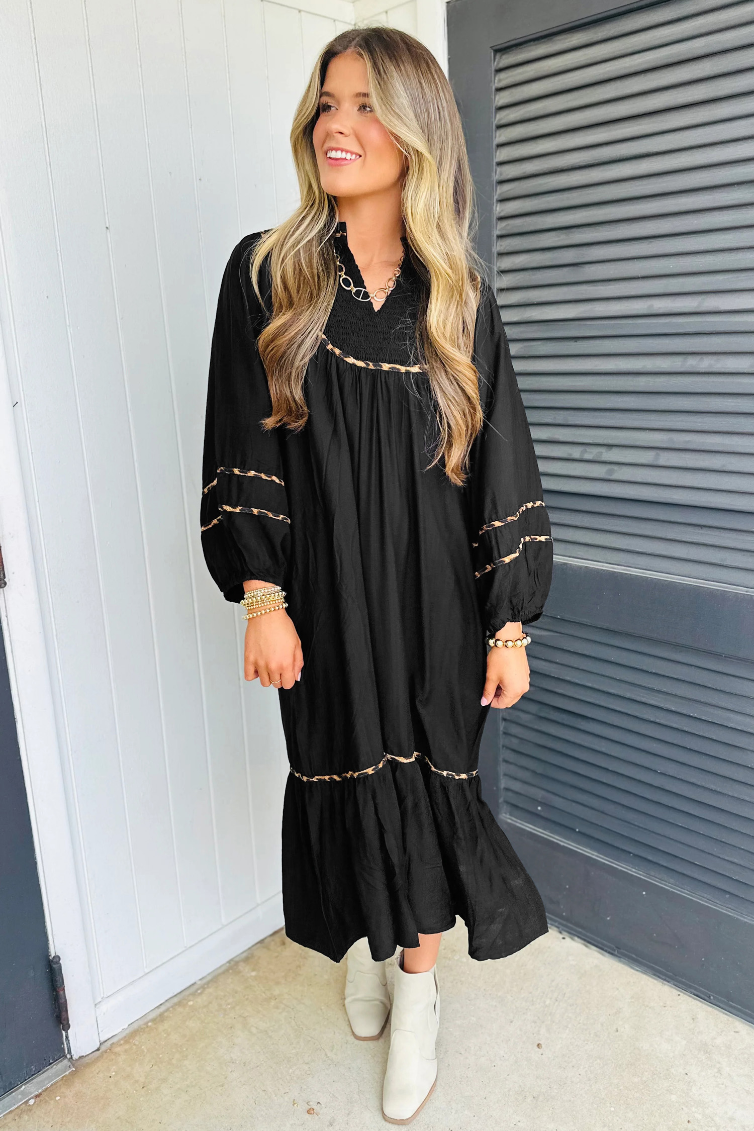 Black Contrast Leopard Trim Split Neck Long Sleeve Casual Midi Dress - loveforevers