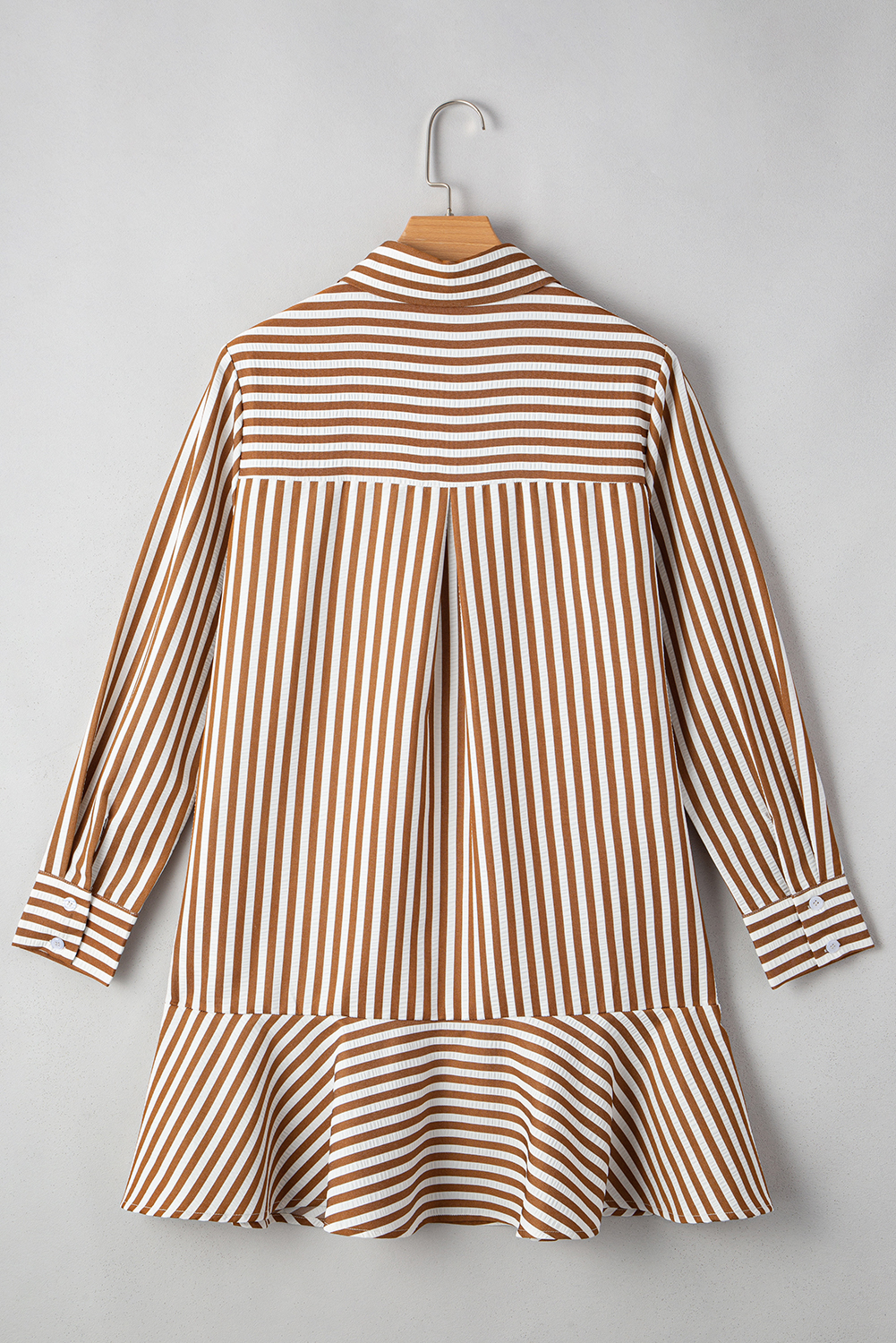 Brown Stripe Ruffled Hem Collared Long Sleeve Shirt Mini Dress - loveforevers