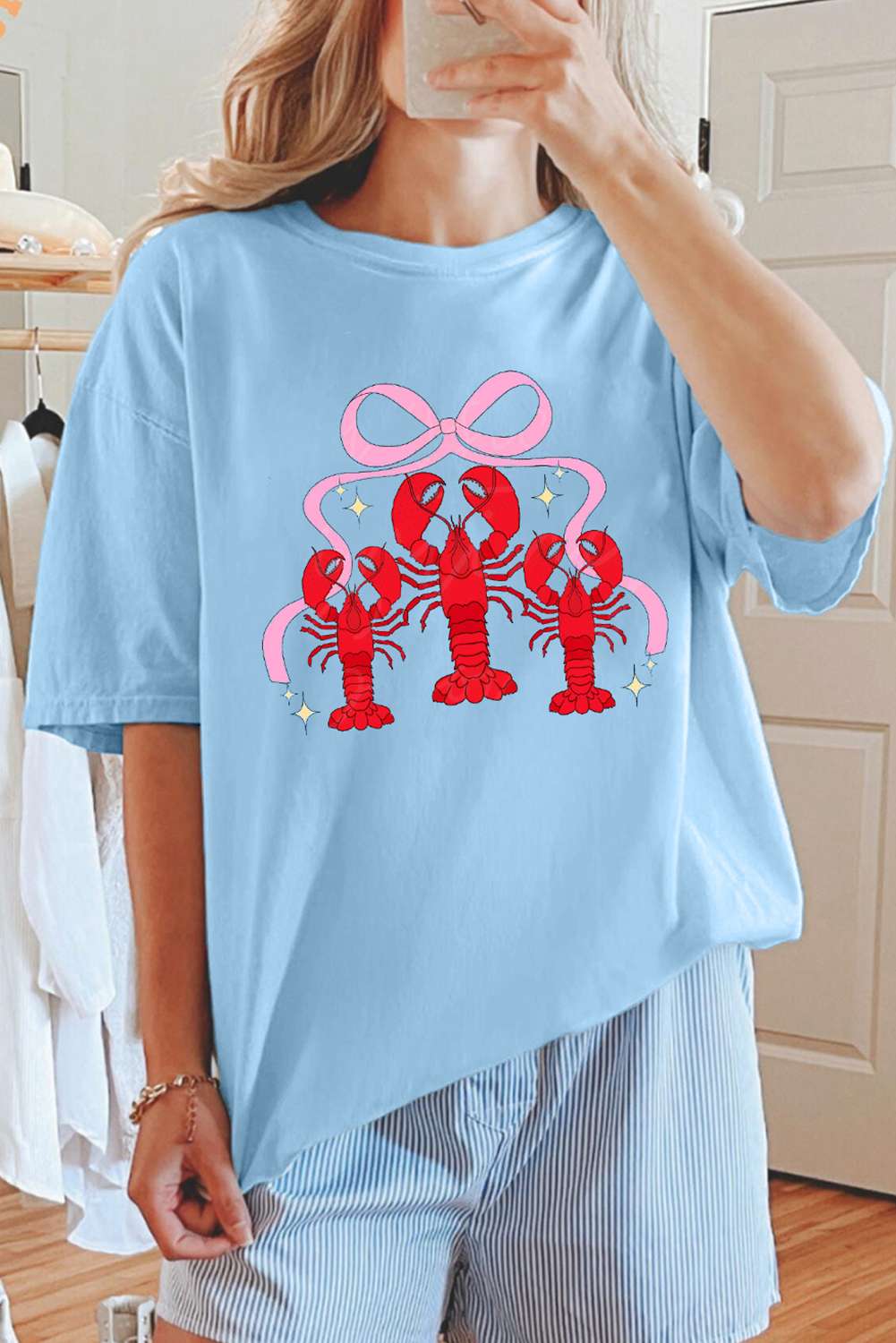 Light Blue Bow Crawfish Printed Relaxed Fit T Shirt - loveforevers