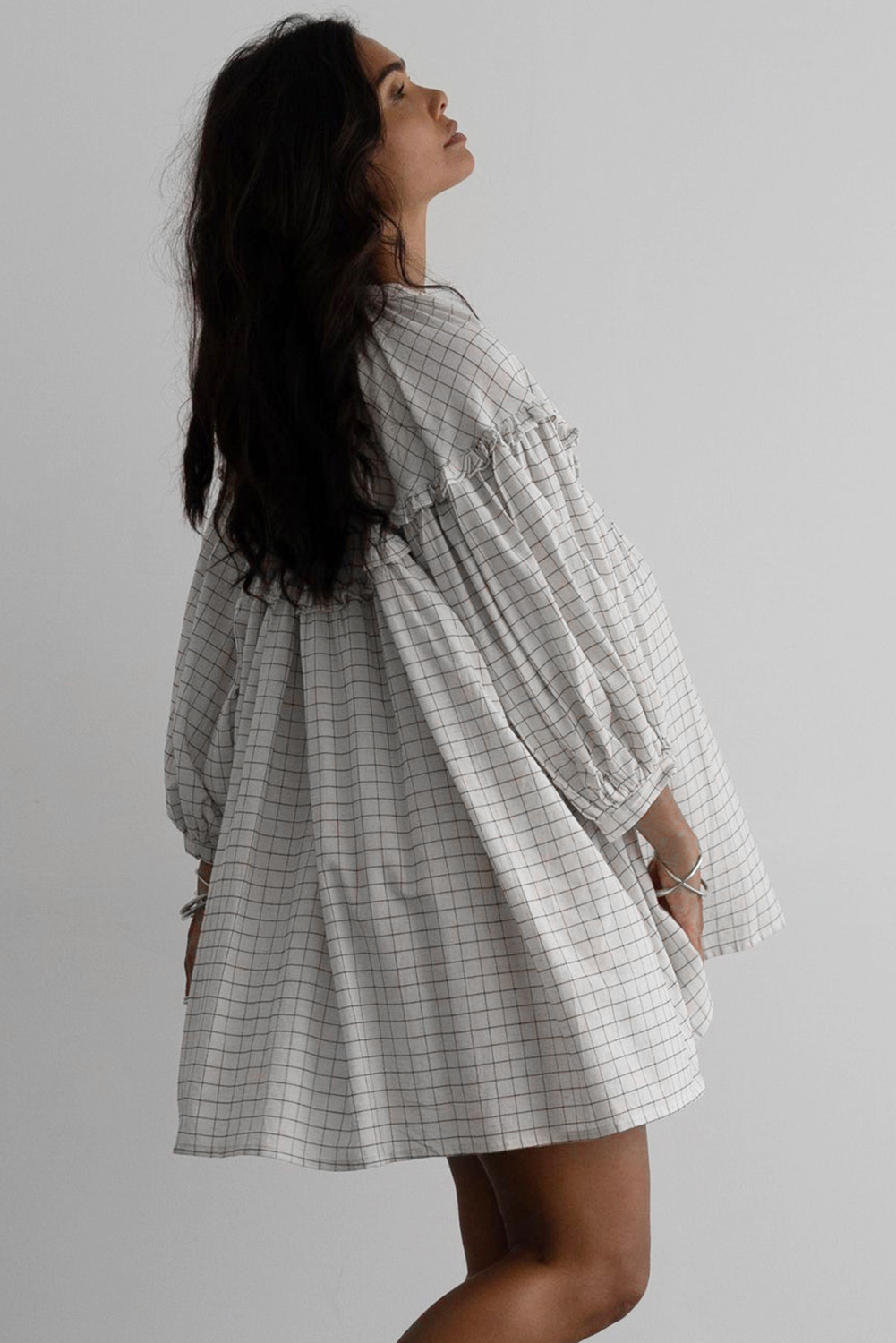 White Stripe Checkered Frilled V Neck Bracelet Sleeve Babydoll Dress - loveforevers
