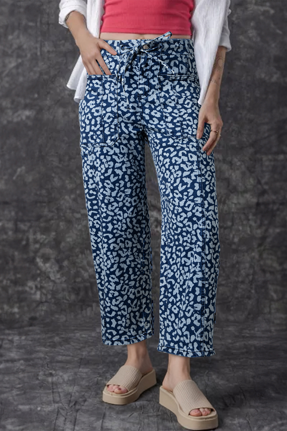 Khaki Leopard Printed Drawstring Elastic Waistband Pocketed Wide Leg Jeans - loveforevers