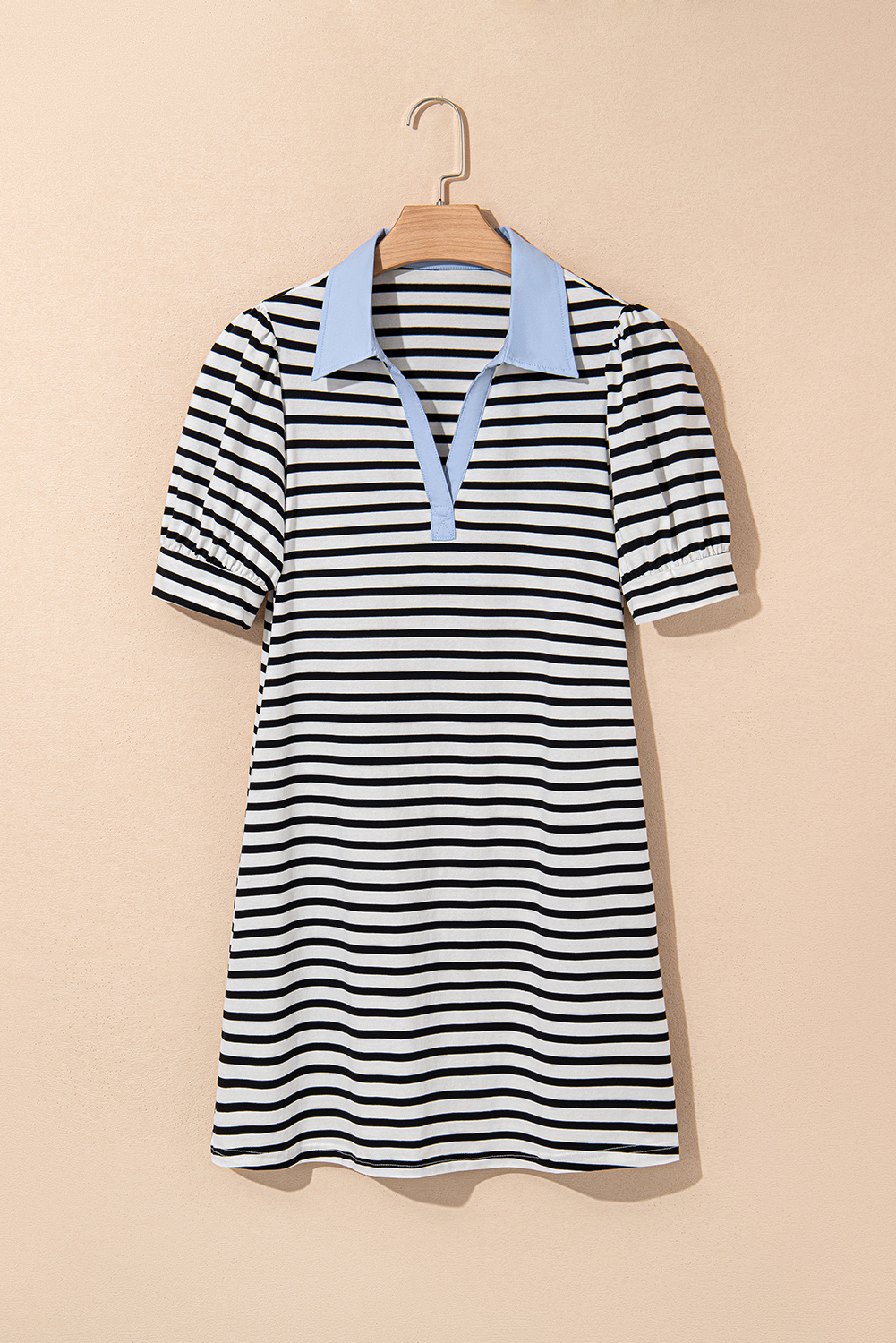 Black Stripe Contrast V Neck Collared Puff Sleeve T Shirt Mini Dress with Pockets - loveforevers