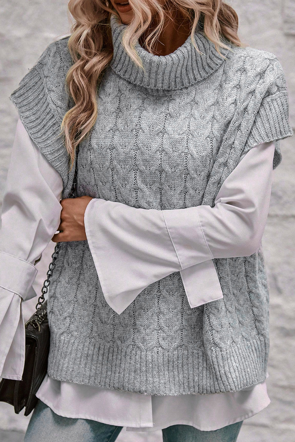 Medium Grey Cable Knit Turtleneck Batwing Sleeve Sweater - loveforevers