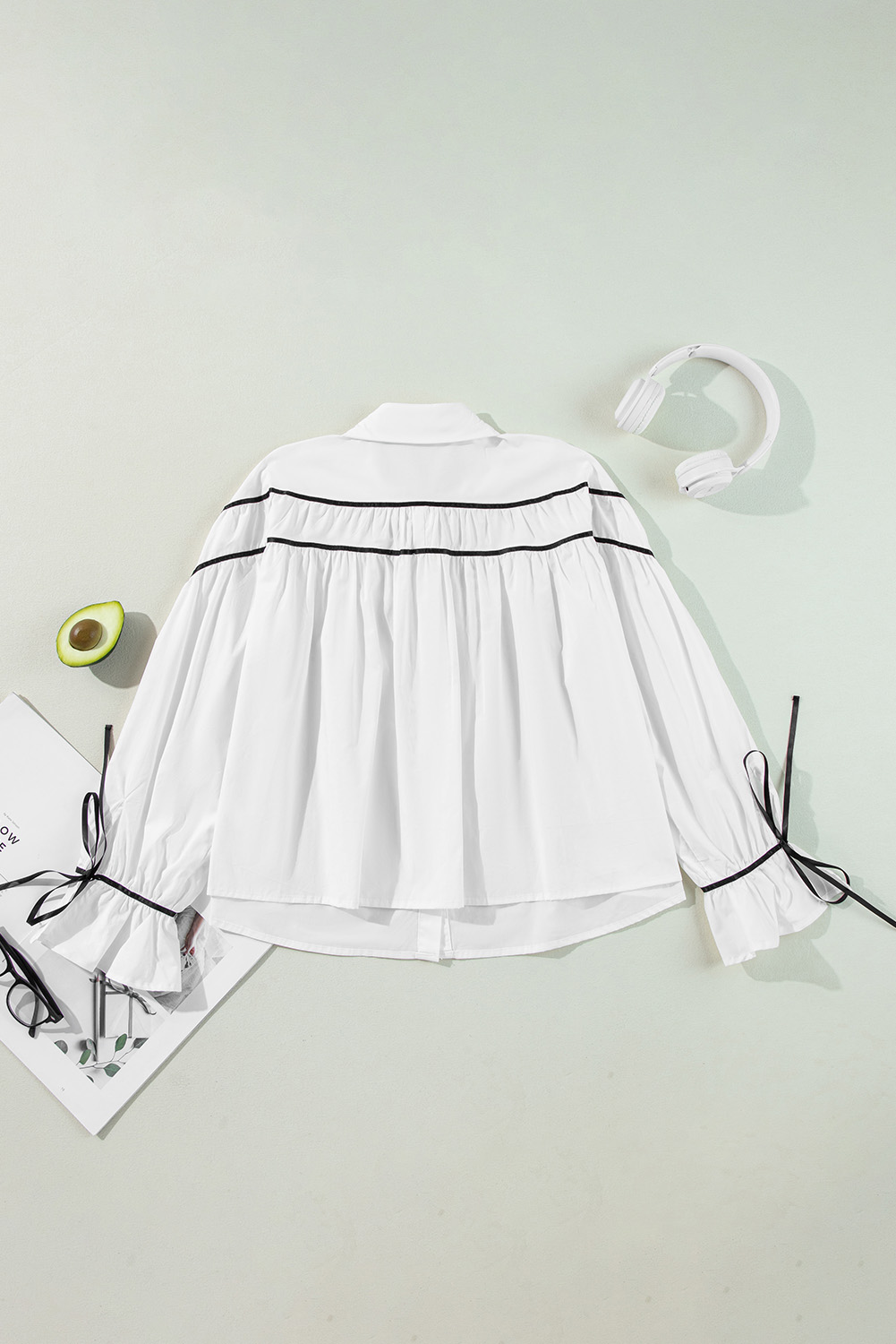 White Black Pipping Ribbon Bowtie Collared Ruffled Puff Sleeve Shirt - loveforevers