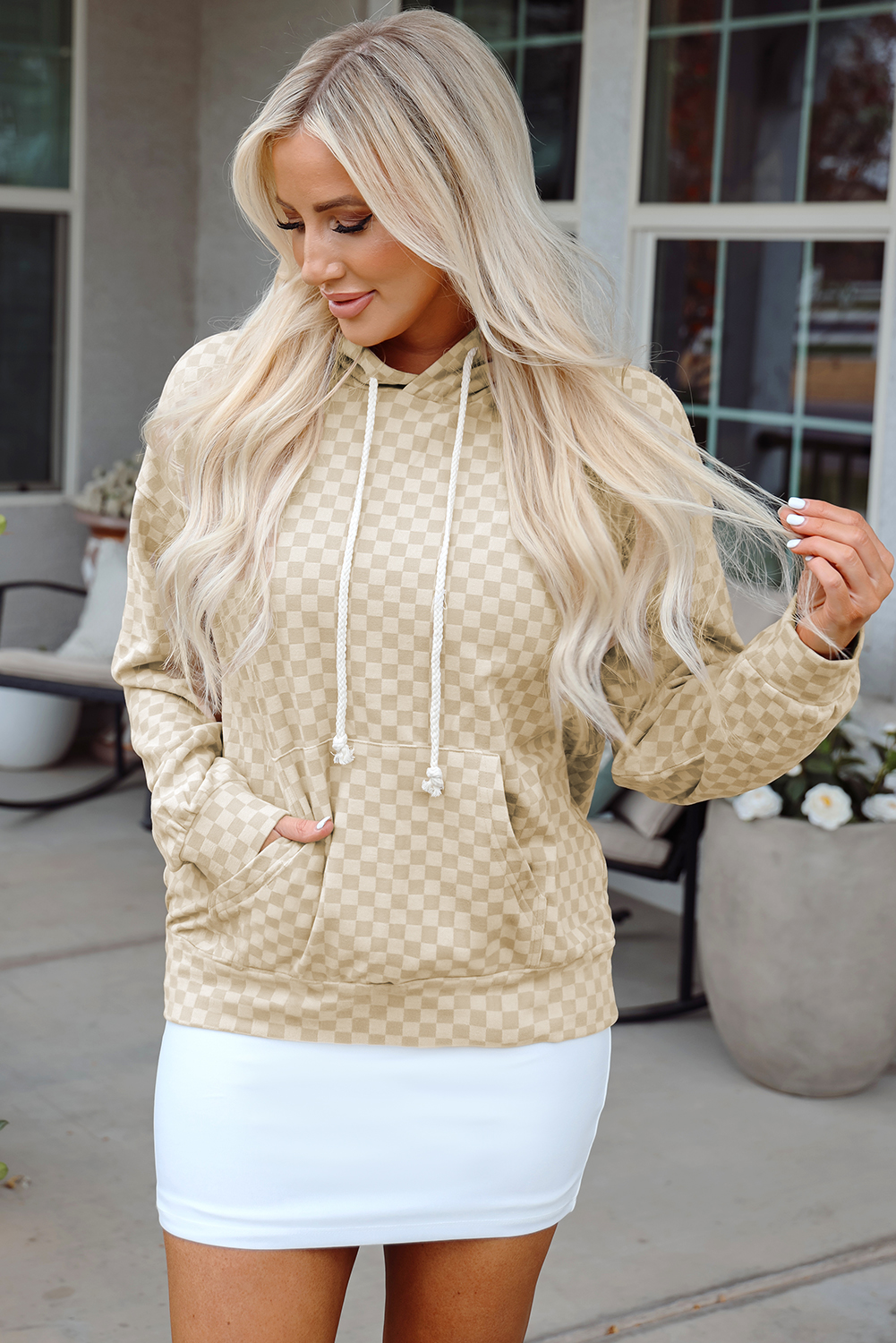 Khaki Checkered Print Kangaroo Pocket Drawstring Hoodie - loveforevers