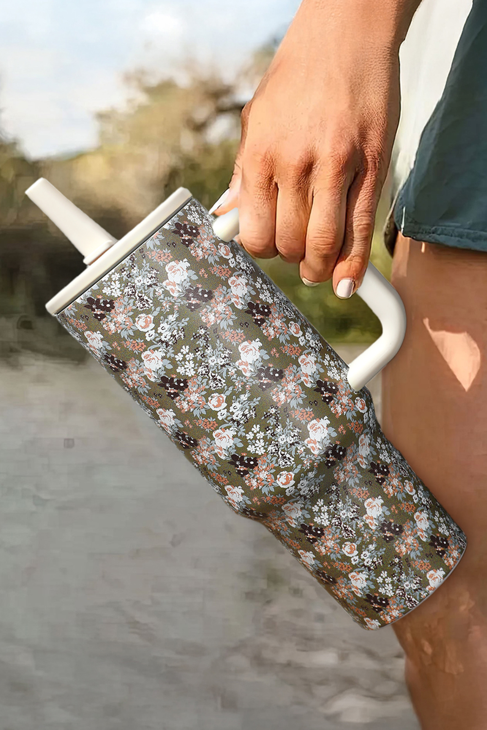 Guacamole Green Flower Print Handle Stainless Steel Portable Cup 40OZ - loveforevers