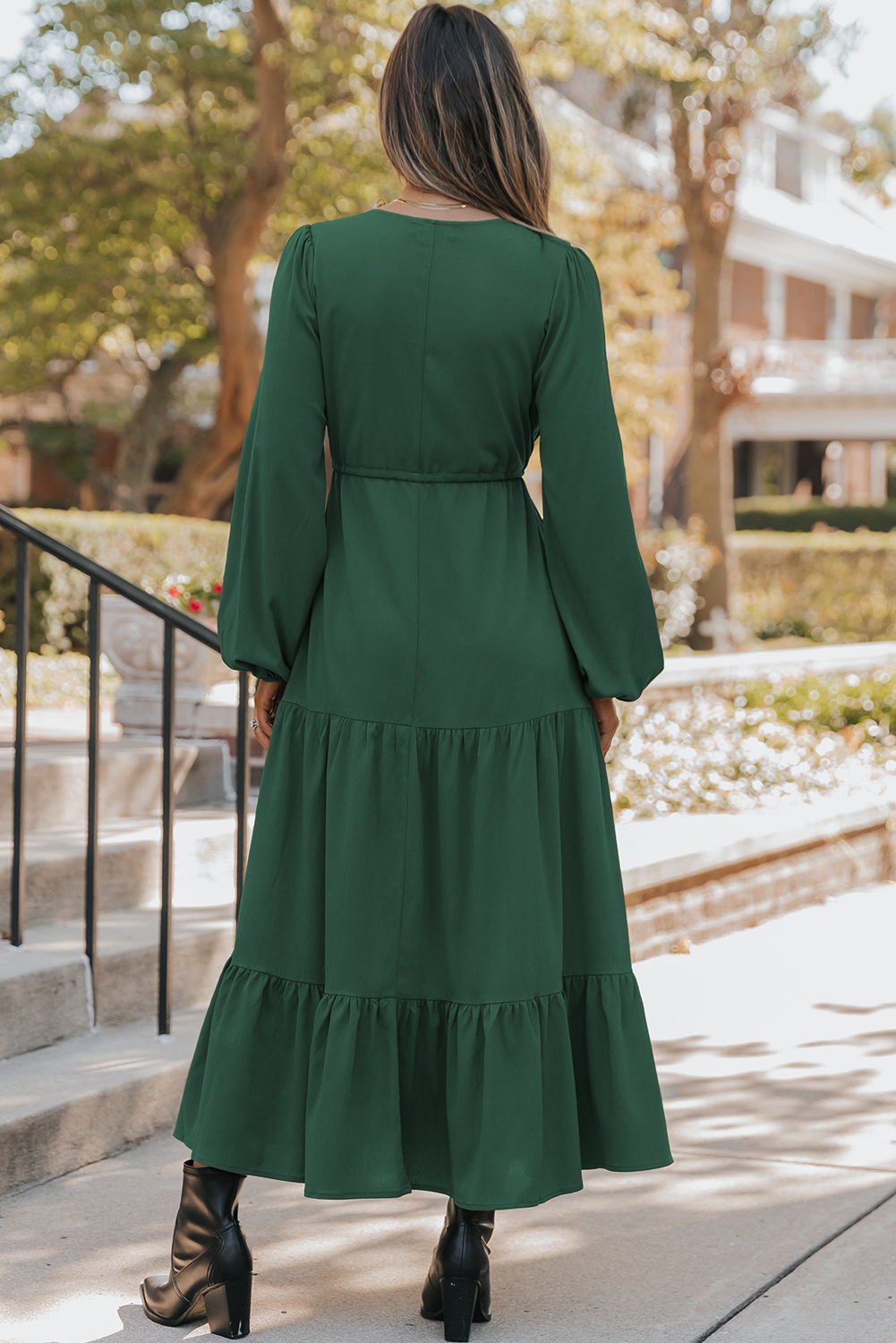 Blackish Green Solid Long Sleeve Button V Neck Tiered Maxi Dress - loveforevers