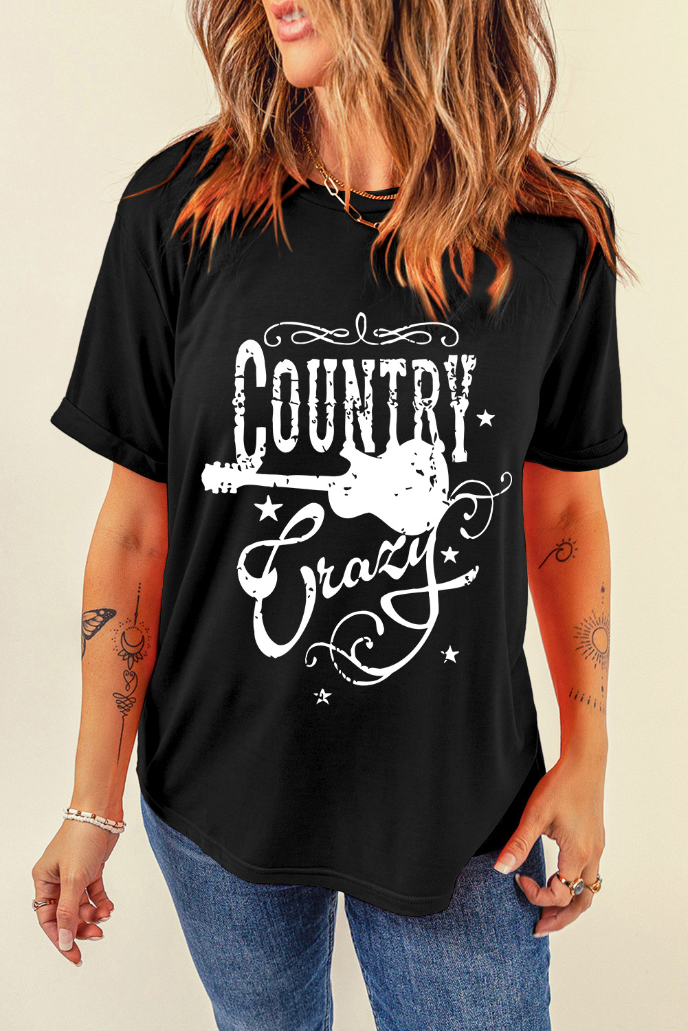 Black Country Music Crazy Print Crew Neck T Shirt - loveforevers