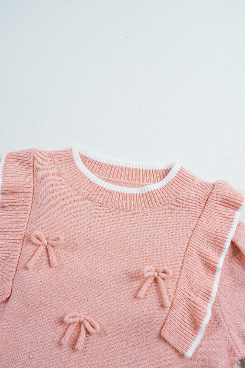 Light Pink Ruffled Bowknot Ribbed Trim Long Sleeve Sweater - loveforevers