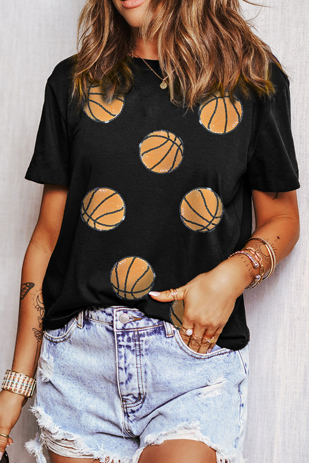 Black Sequin Basketball Graphic Crewneck Game Day T Shirt - loveforevers