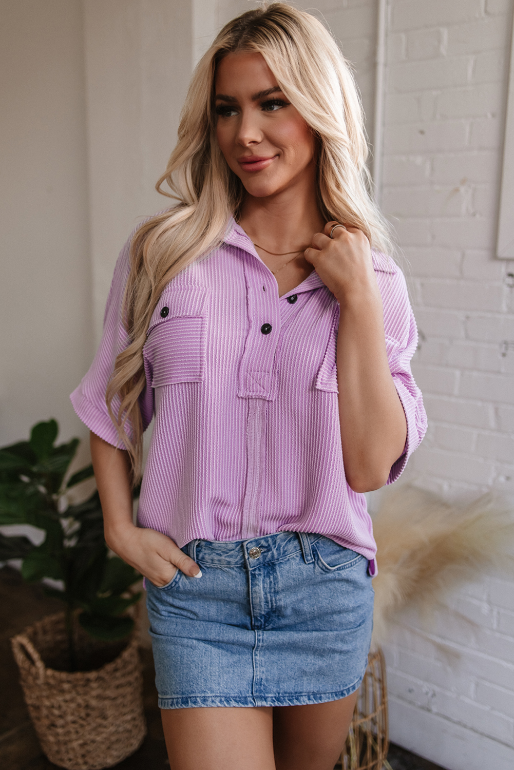 Orchid Bouquet Corded Flap Pocket Collared Buttoned Short Sleeve Blouse - loveforevers