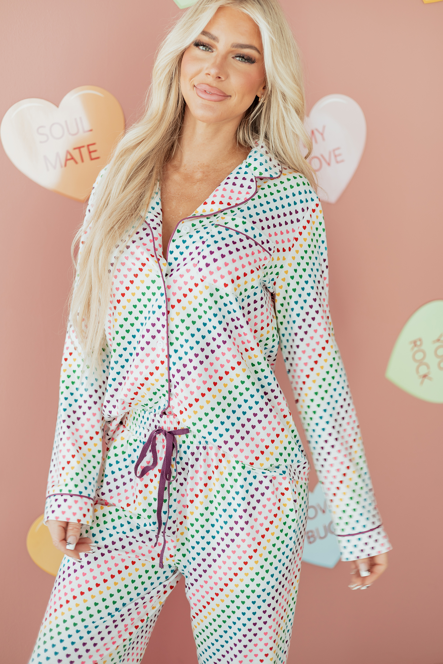 White Pride Heart Print Valentines Long 2pcs Pajama Set - loveforevers