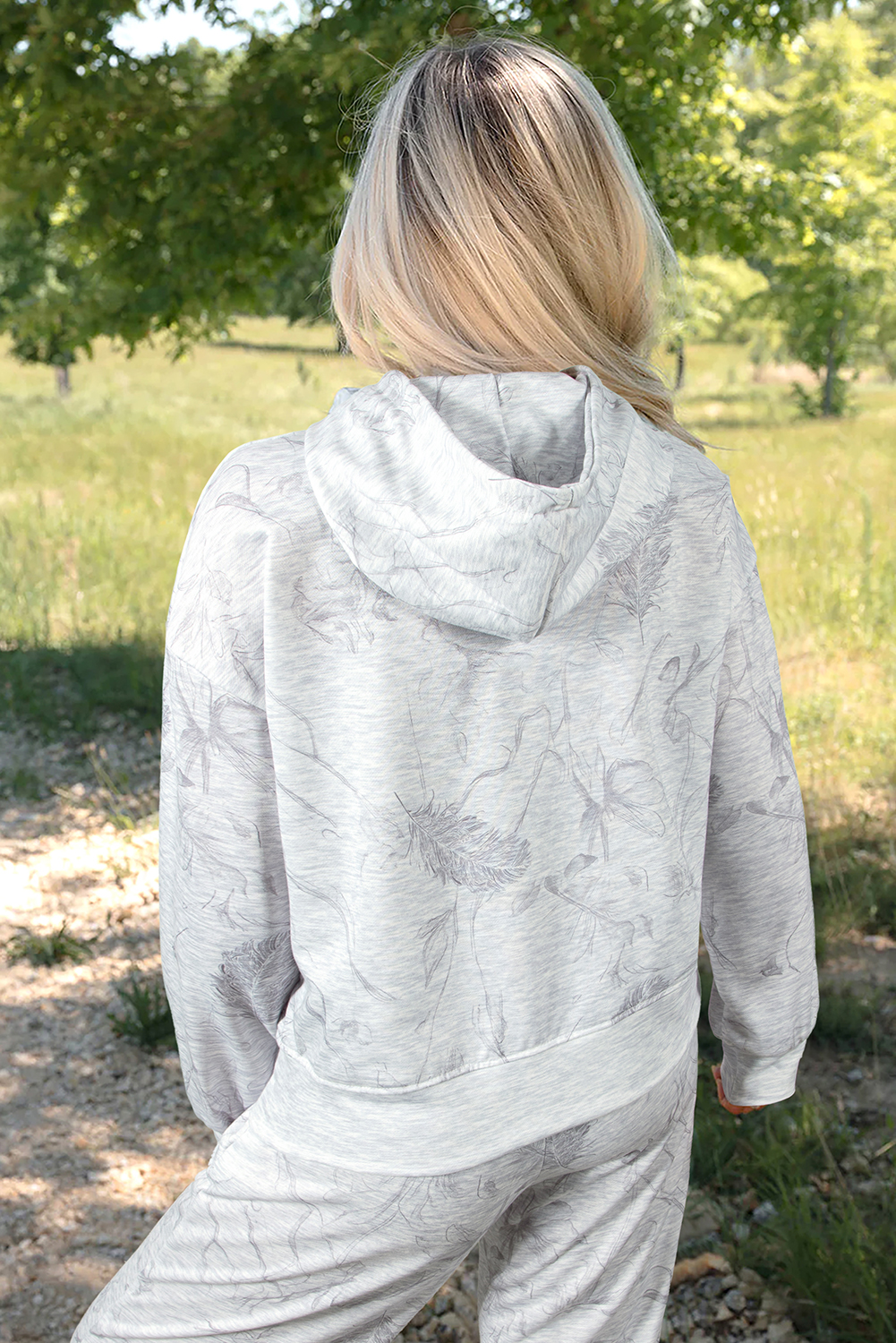 Light Grey Abstract Print Loose Drop Sleeve Hoodie Elastic Waistband 2pcs Pant Set - loveforevers