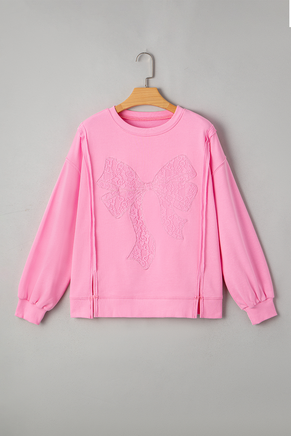 Bonbon Lace Insert Bow Embroidered Exposed Seam Sweatshirt - loveforevers