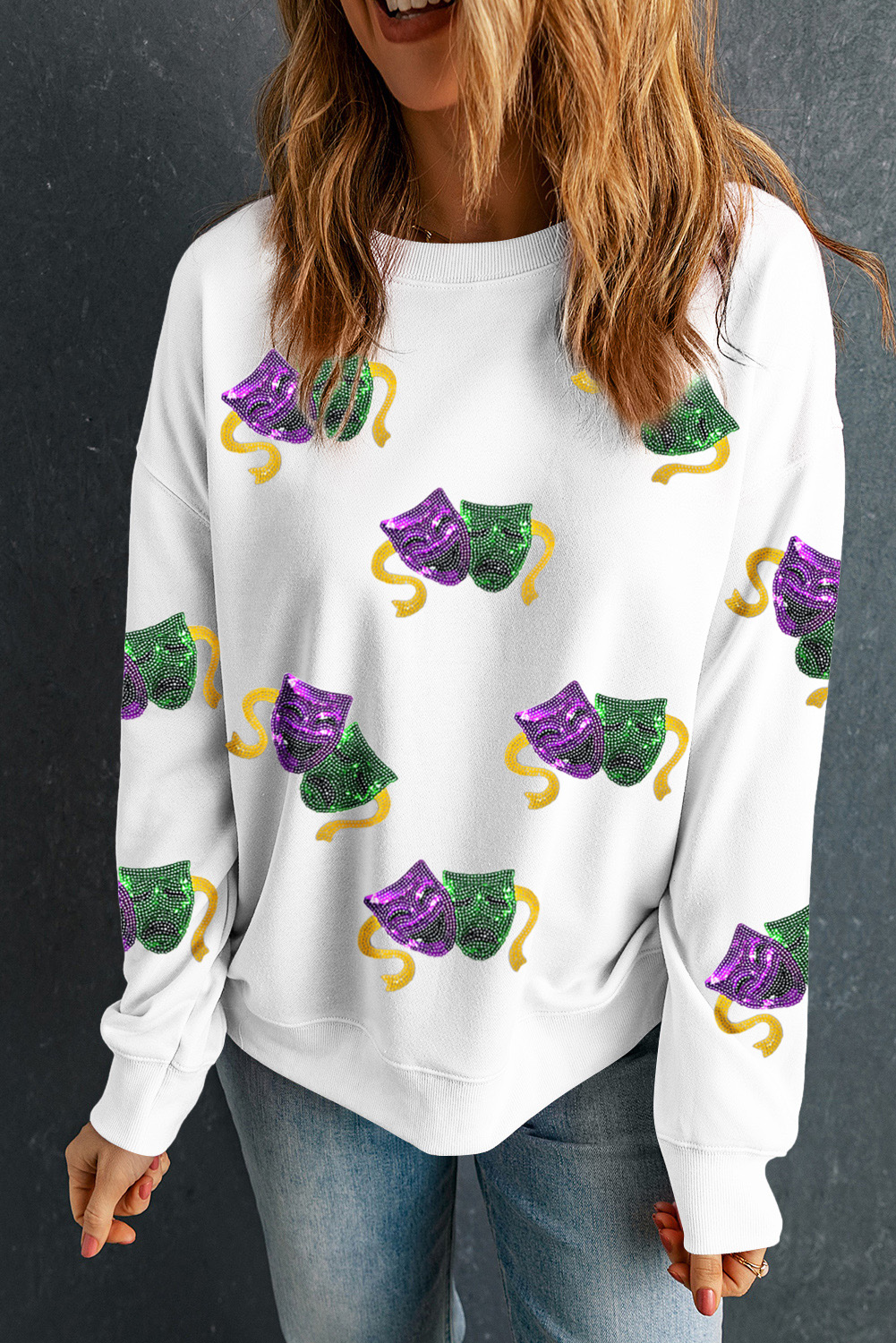 White Sequined Mardi Gras Mask Pattern Drop Shoulder Sweatshirt - loveforevers
