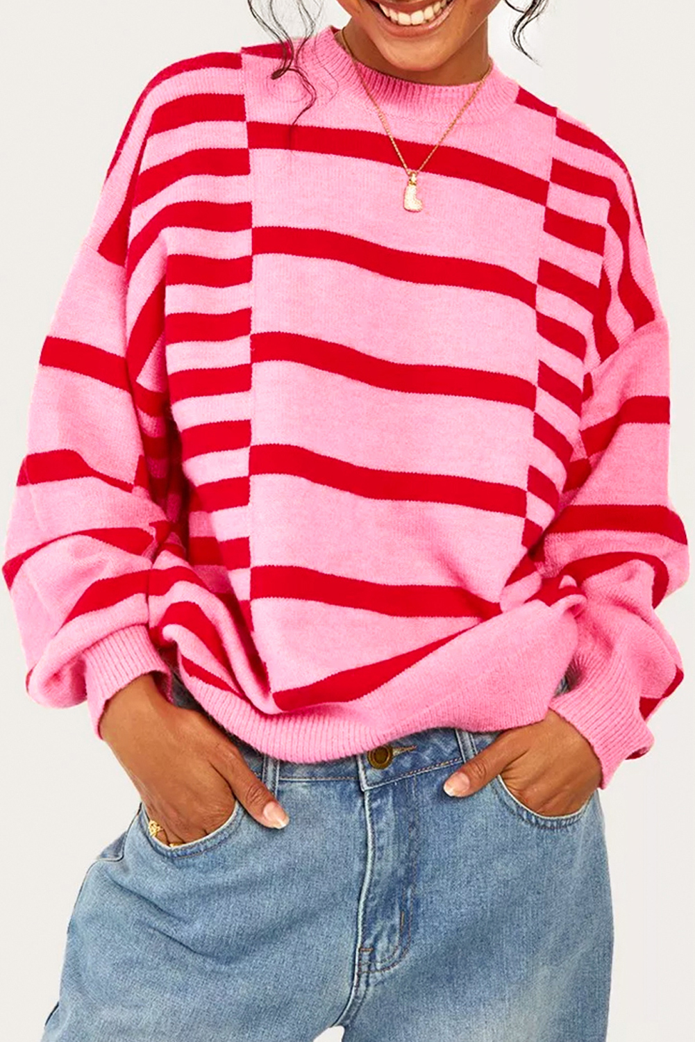 Pink Stripe Bubble Sleeve Drop Shoulder Ribbed Trim Sweater - loveforevers