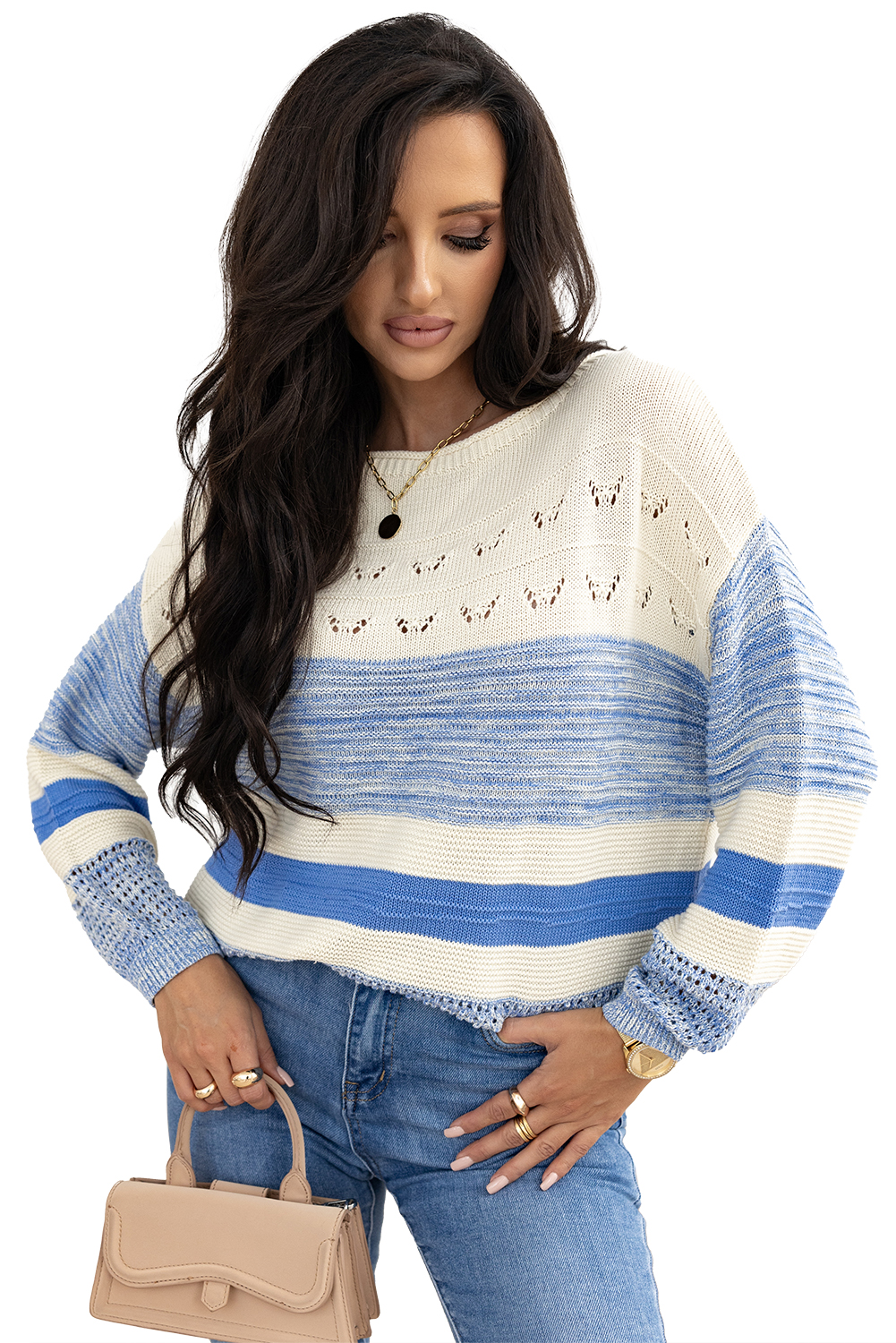 Light Blue Open Stitch Puff Sleeve Sweater - loveforevers