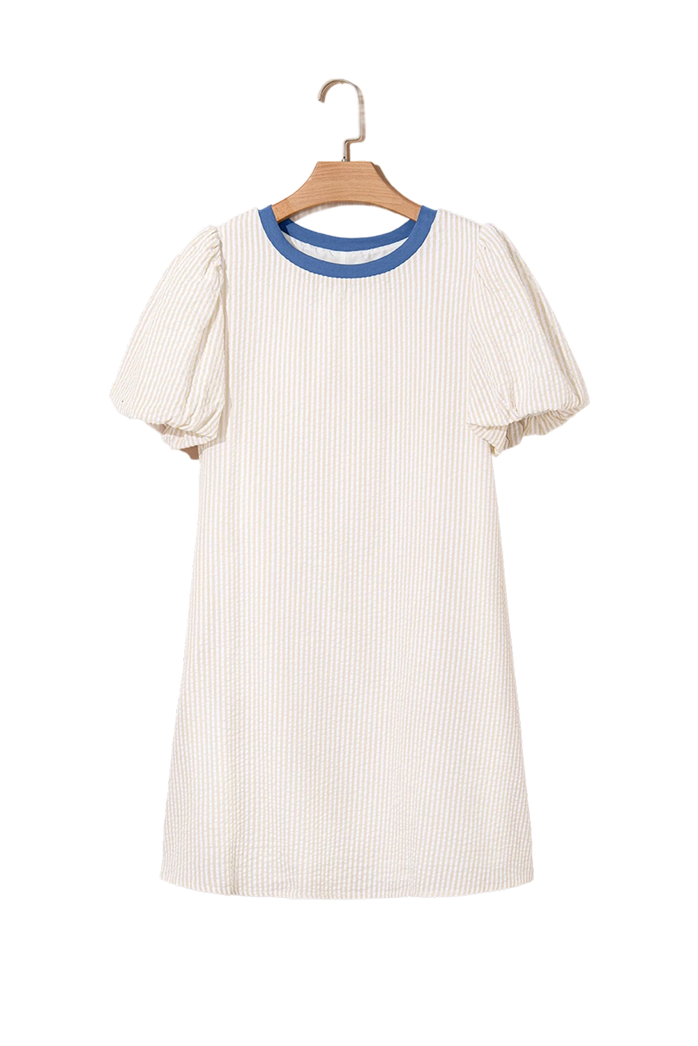 Beige Stripe Seersucker Contrast Round Neck Puff Sleeve T Shirt Dress - loveforevers