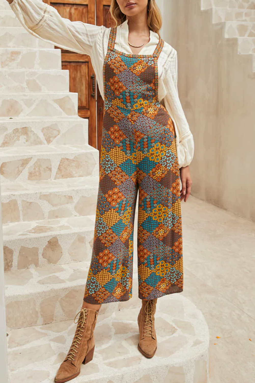 Multicolour Boho Floral Print Crossed Straps Ankle-length Jumpsuit - loveforevers
