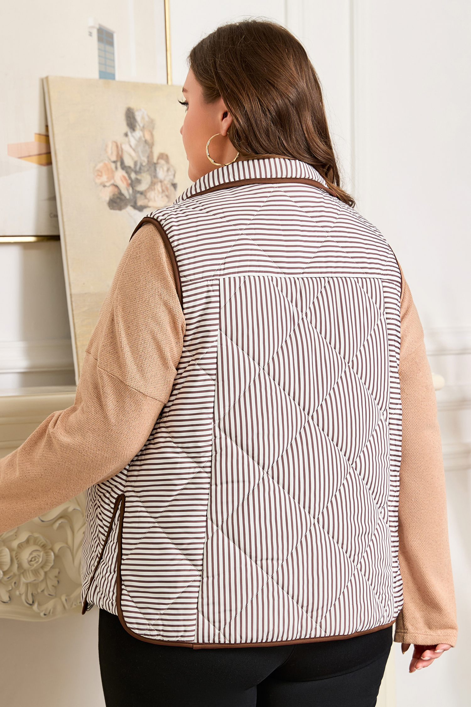 Black Stripe Contrast Trim Snap Button Collared Winter Vest - loveforevers