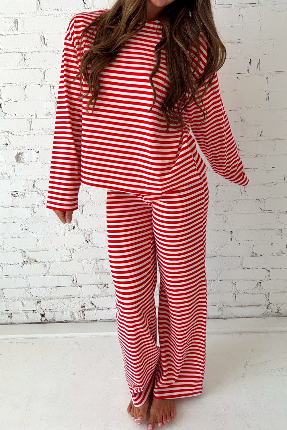 Red Stripe Drop Shoulder Long Sleeve Top Lounge Pants 2pcs Set - loveforevers