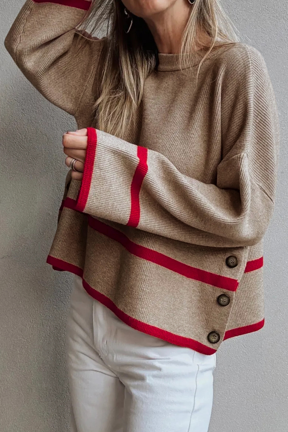 Simply Taupe Ribbed Knit Contrasted Stripe Detail Button Side Loose Sweater - loveforevers
