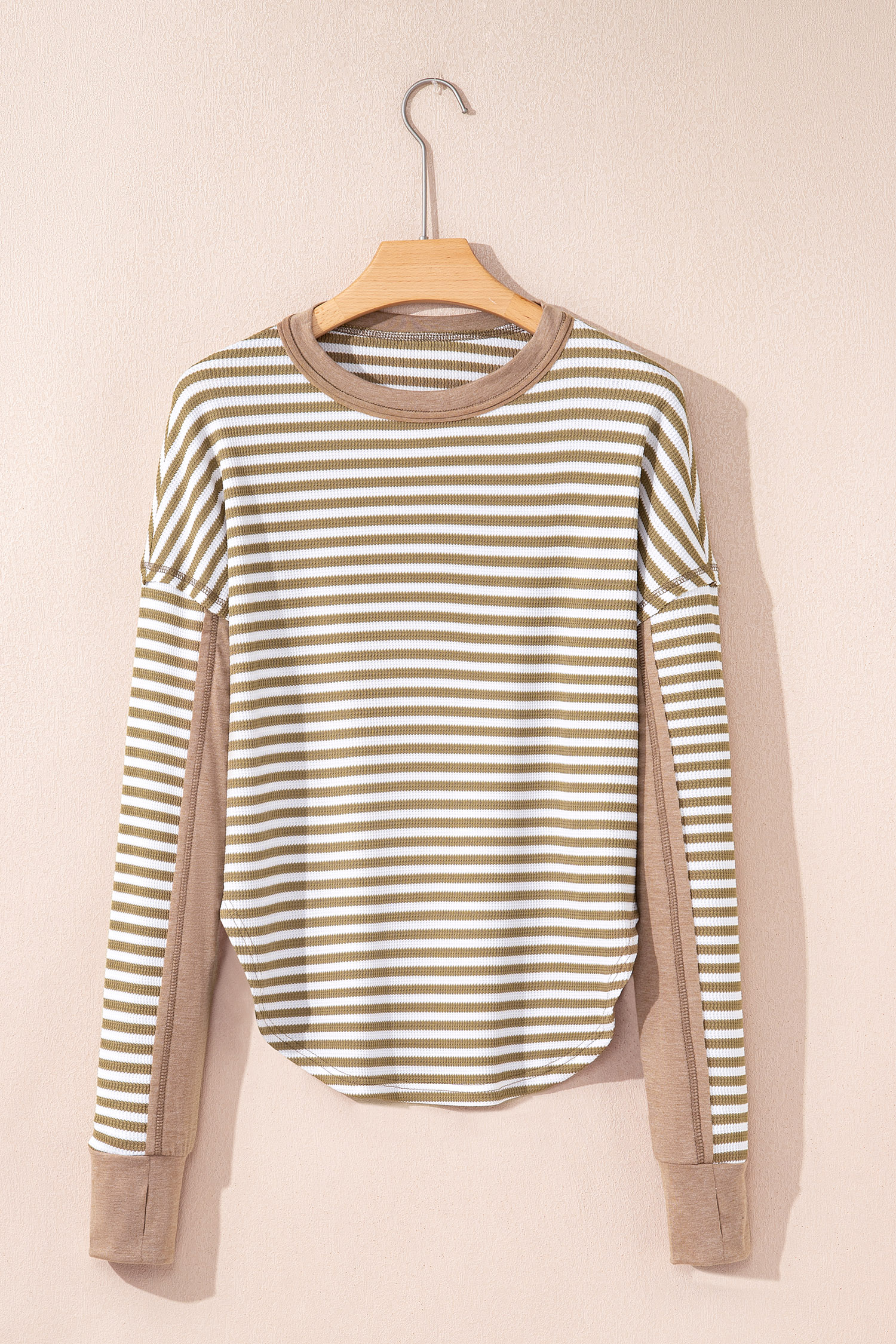 Dearlovers Green Stripe Thermal Knit Drop Shoulder Casual Top - loveforevers