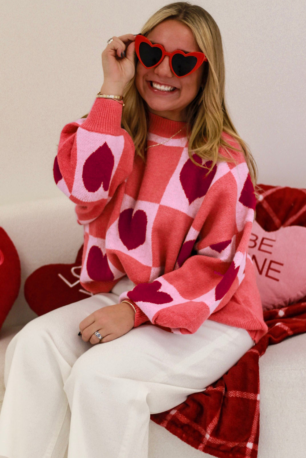 Pink Love Heart Checkered Valentine Crew Neck Sweater - loveforevers